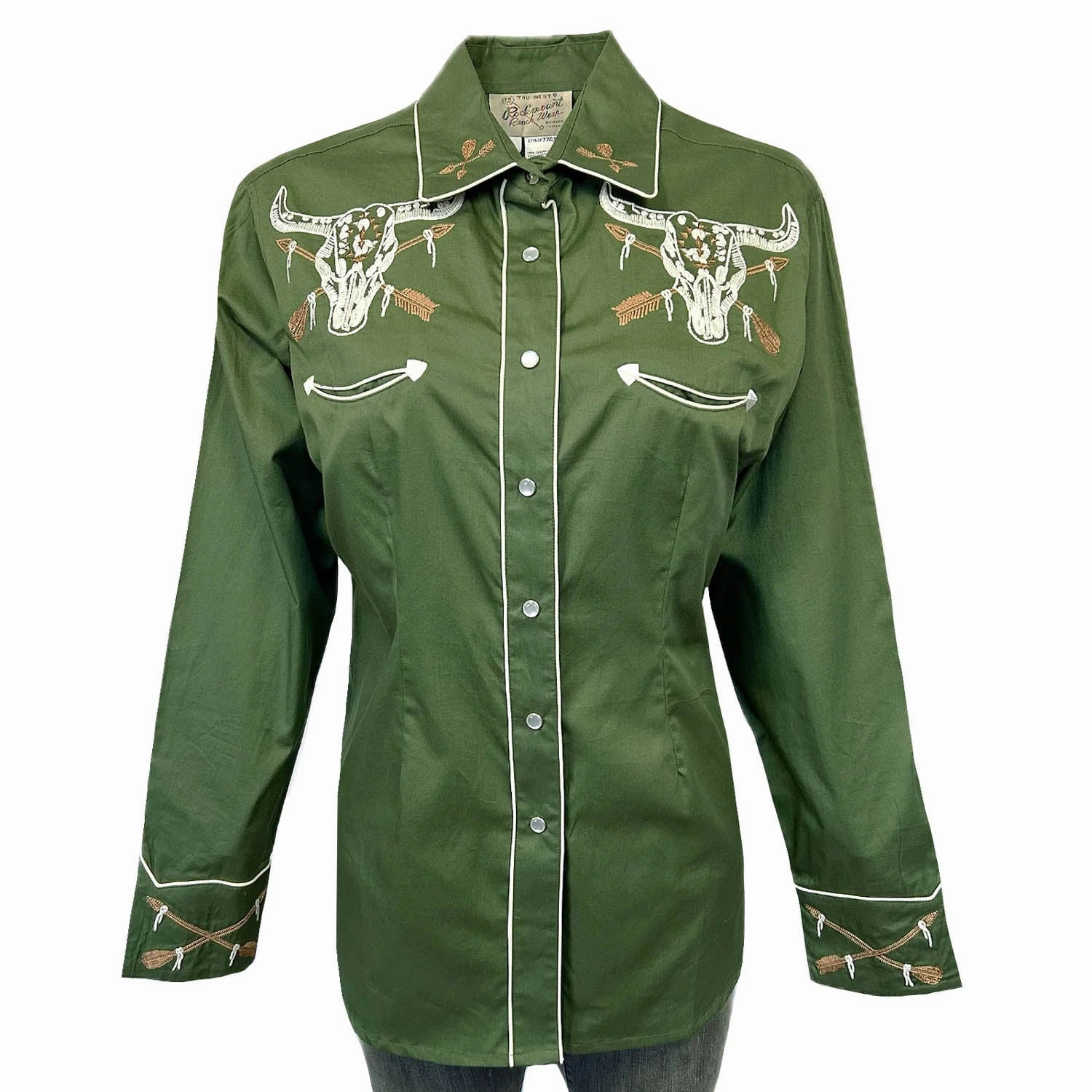 Classic Design Rockmount Womens Vintage Steer Skull Green 100% Cotton L/S Shirt