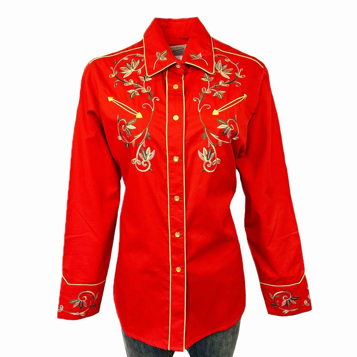 Gym Wear Multipocket Style Rockmount Womens Vintage Variegated Floral Red 100% Cotton L/S Shirt