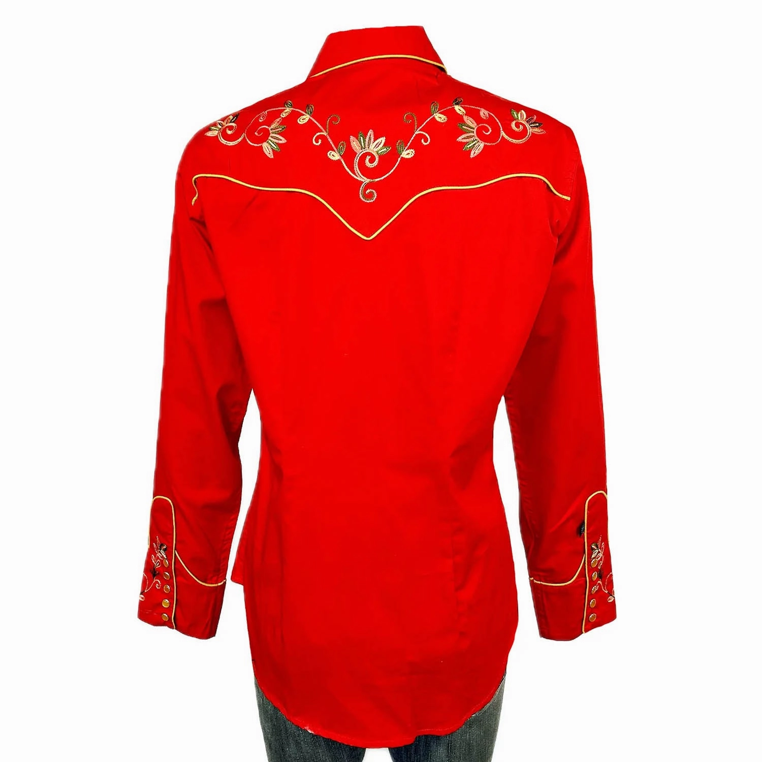 Laser Cut Edge Detail Rockmount Womens Vintage Variegated Floral Red 100% Cotton L/S Shirt