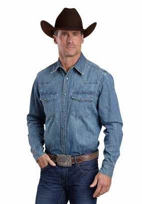 Cruise Collection Stetson Mens Turquoise Hex Snaps Stonewashed Denim 100% Cotton L/S Shirt