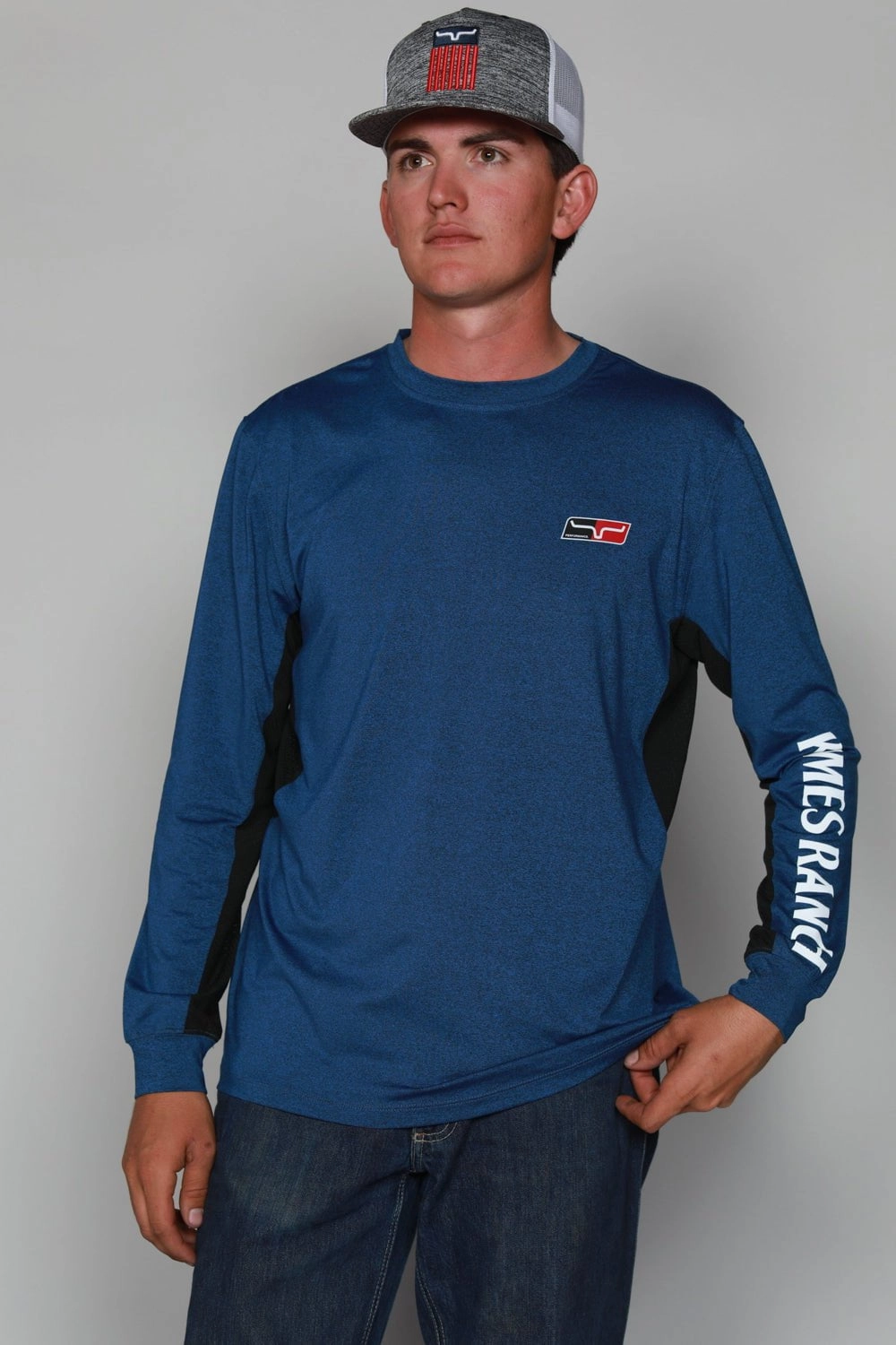 Low Profile Pocket Design Everyday Essential Kimes Ranch Mens K1 Tech Tee Navy Heather Polyester Blend L/S T-Shirt