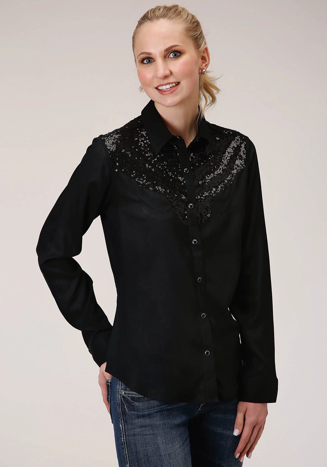 Roper Womens Sequin Boyfriend Black 100% Rayon L/S Shirt Checkered Look