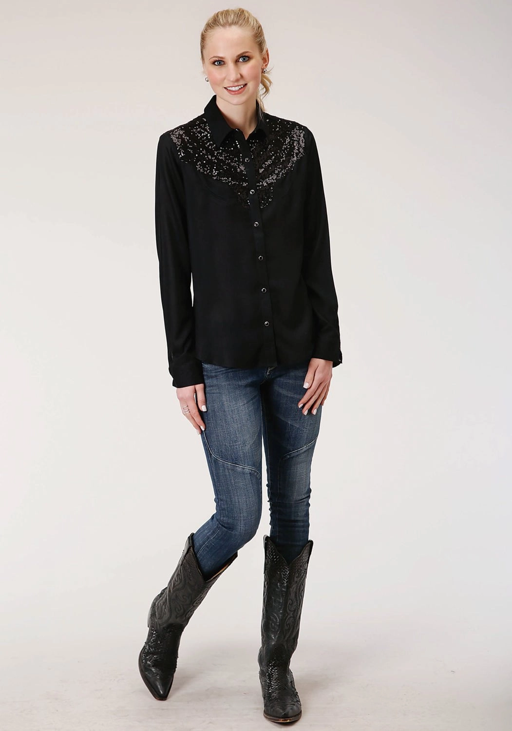 Quick Release Cuffs Year-Round Wear Roper Womens Sequin Boyfriend Black 100% Rayon L/S Shirt