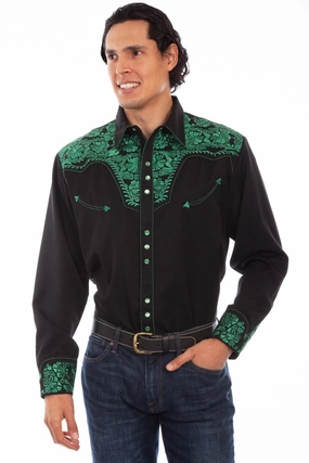Polo Style Scully Mens Emerald Poly/Rayon Floral Tooled L/S Shirt XS