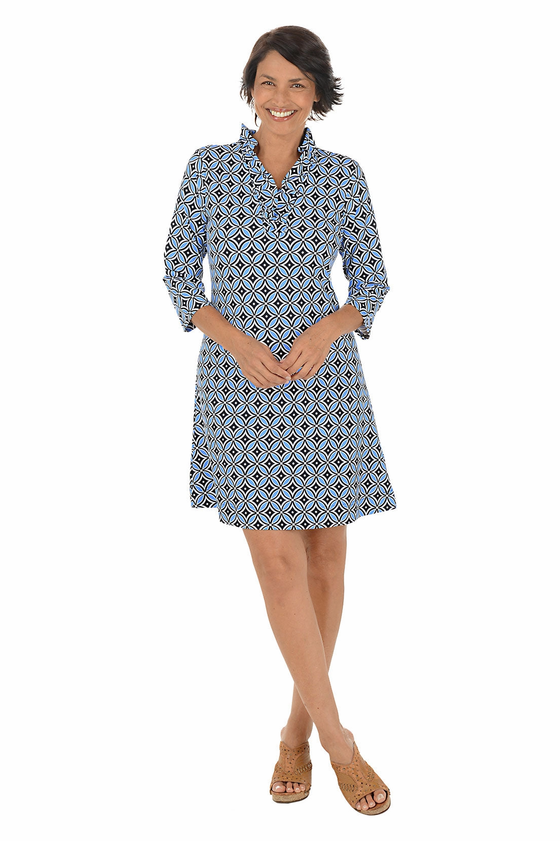 Essential Layer Essential Piece Blue Compass Rose UPF50  Ruffle Neck Dress