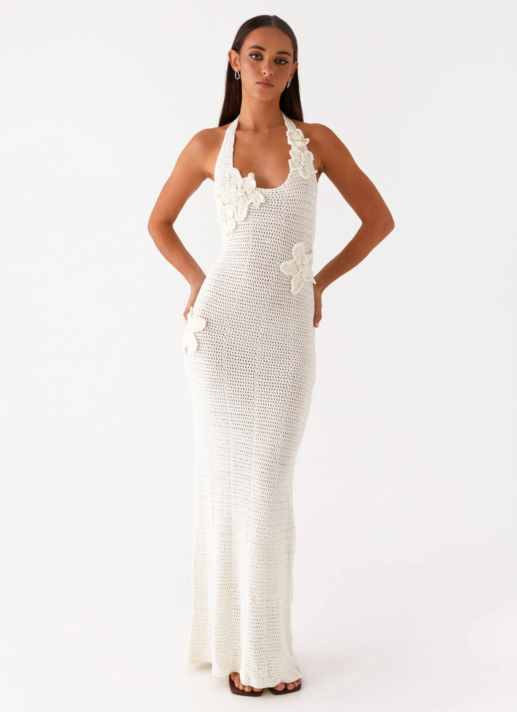 Front-Slit Novalee Flower Crochet Maxi Dress - Ivory