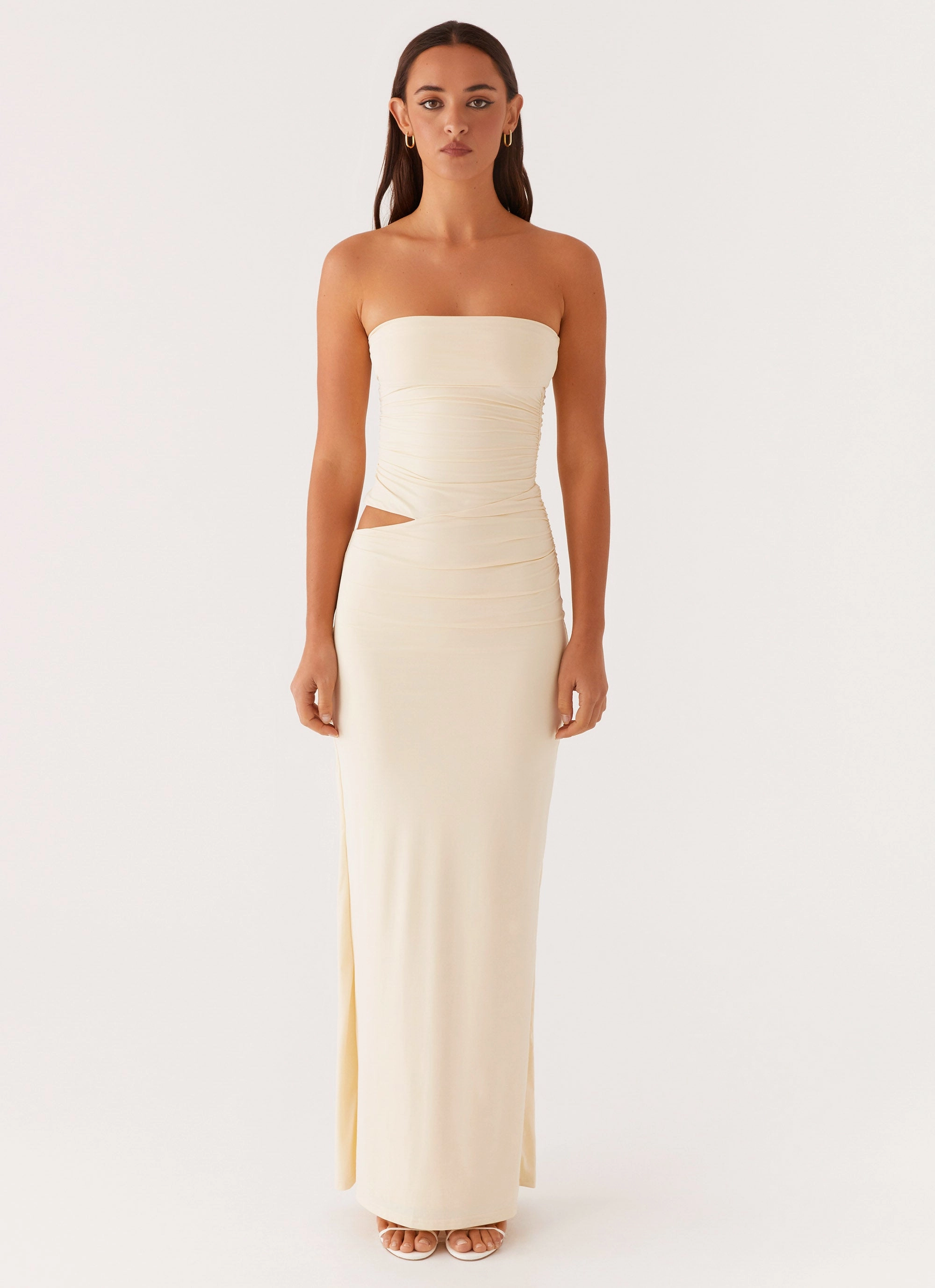 Romee Strapless Maxi Dress - Pastel Yellow Pop Texture Floral design