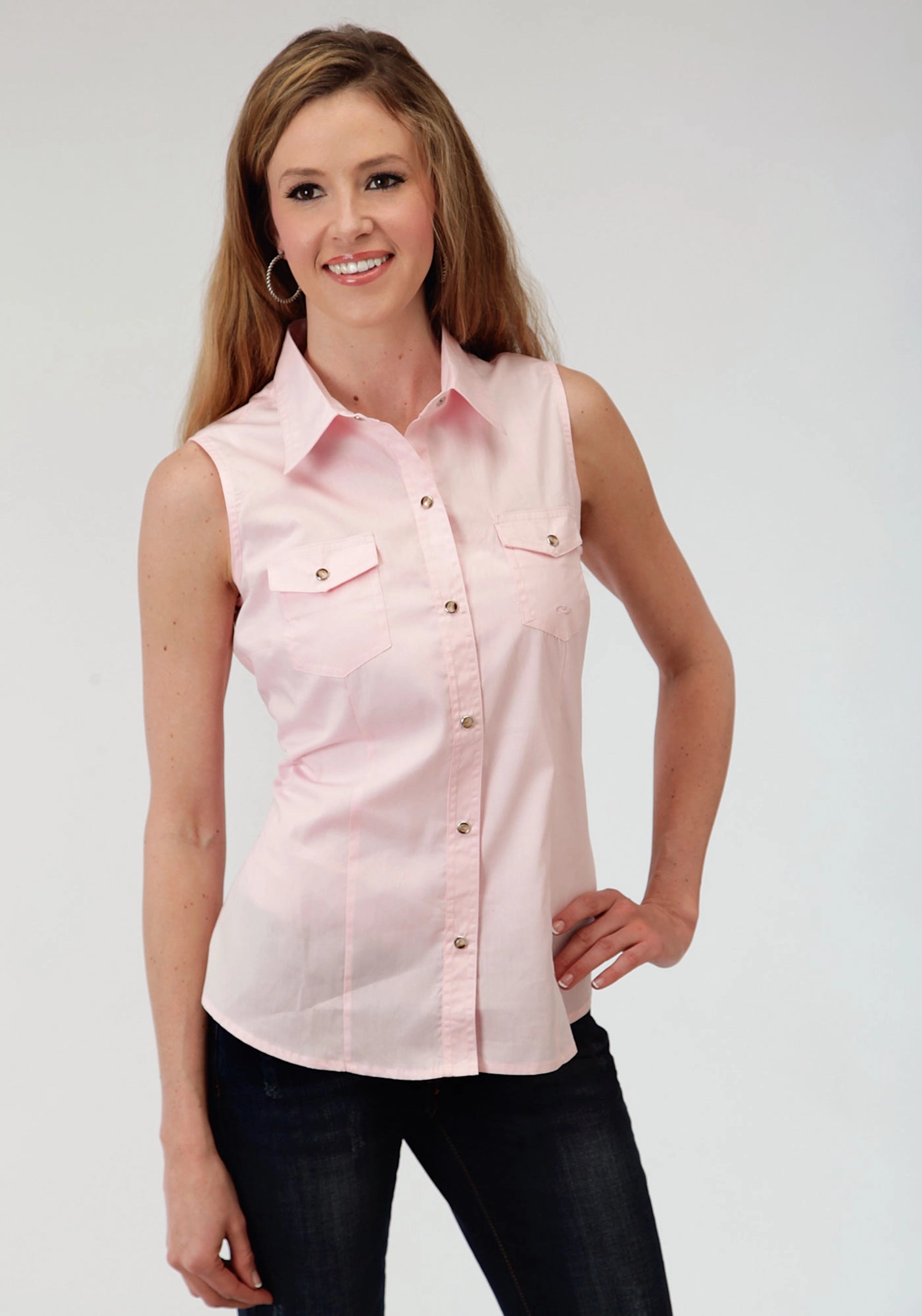 Denim Blend Roper Basics Ladies Pink 100% Cotton Solid Poplin Sleeveless Shirt