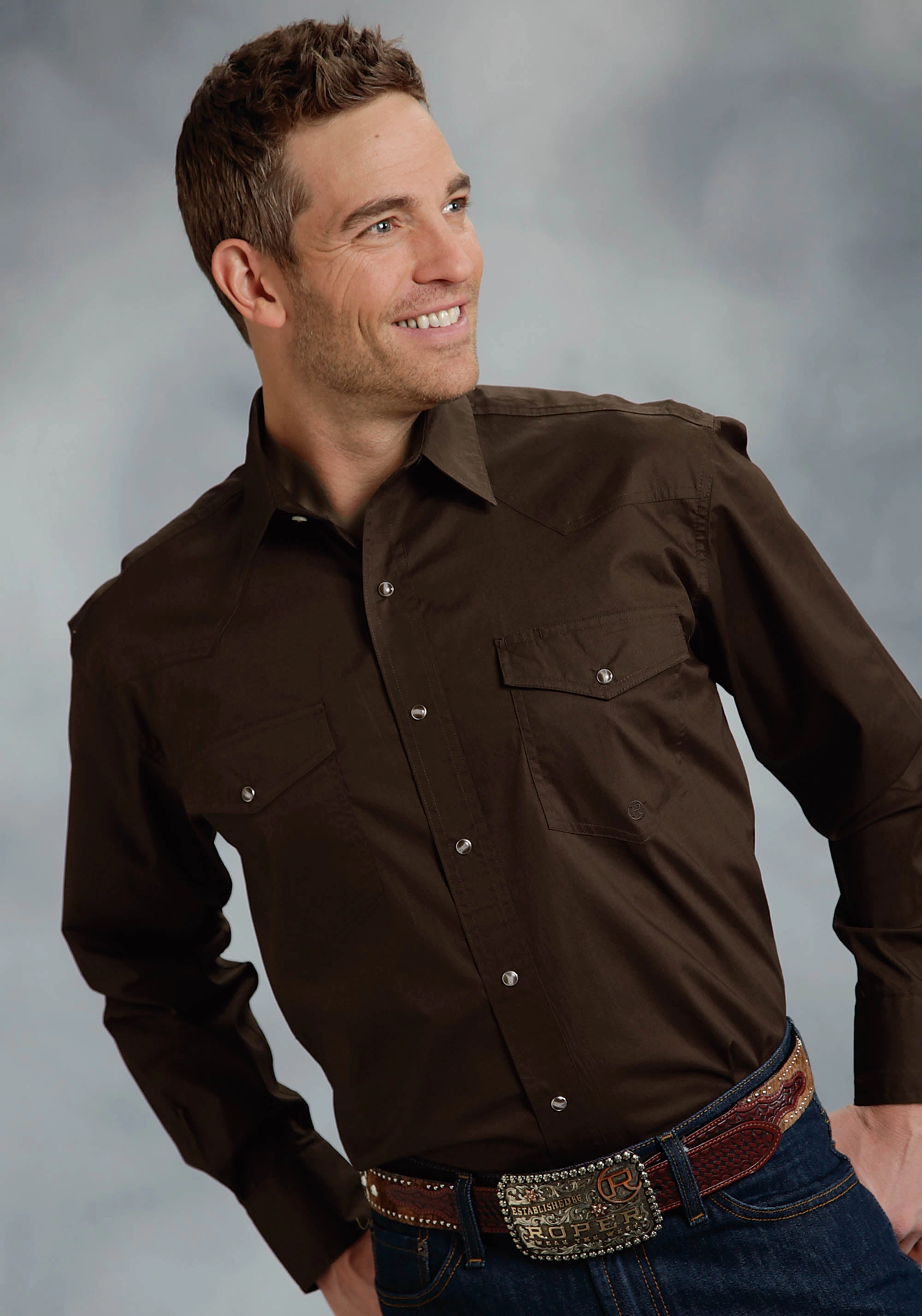 Sustainable Material Gift Idea Roper Basics Mens Chocolate 100% Cotton Solid Poplin Tall L/S Shirt