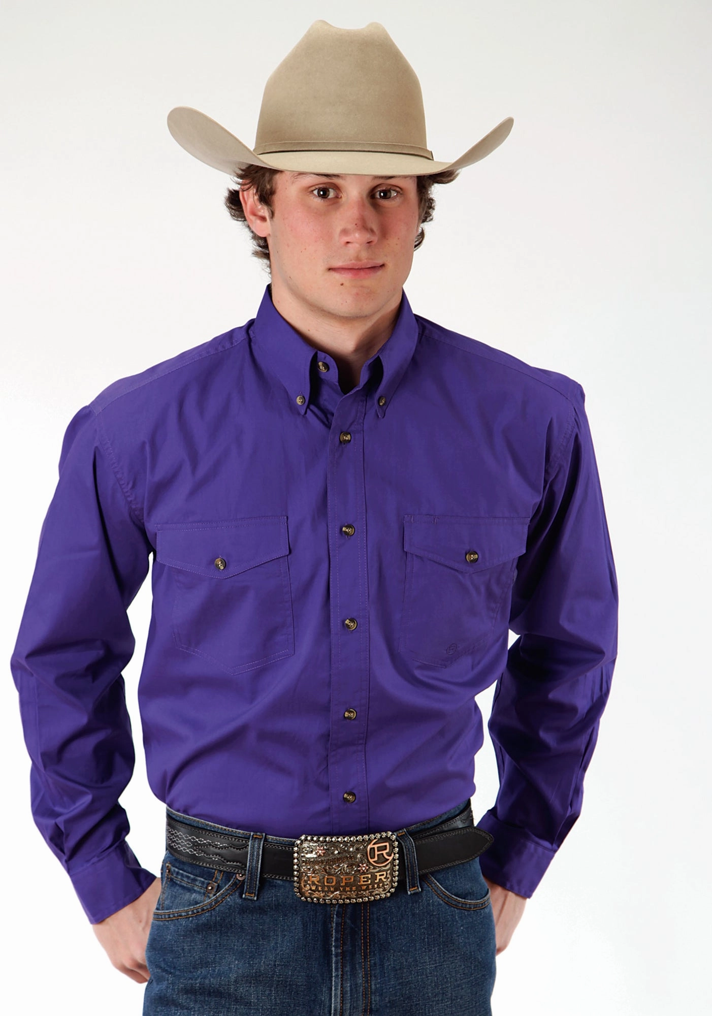 Roper Basics Mens Purple 100% Cotton Solid Poplin Btn L/S Shirt High-Quality Craftsmanship