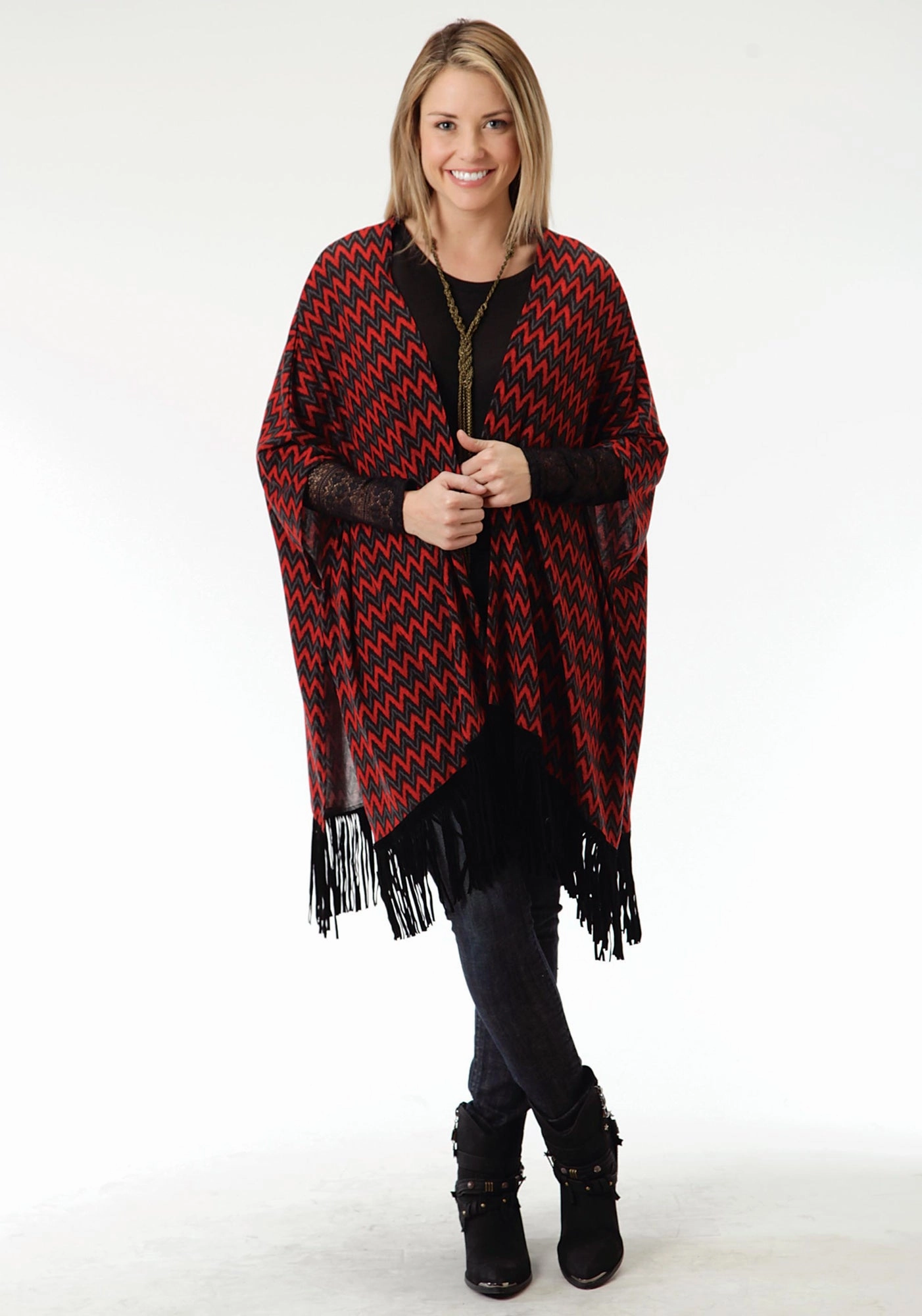 Winter Style Must-Have Roper Black Chevron Ladies Red Polyester Poncho Sweater