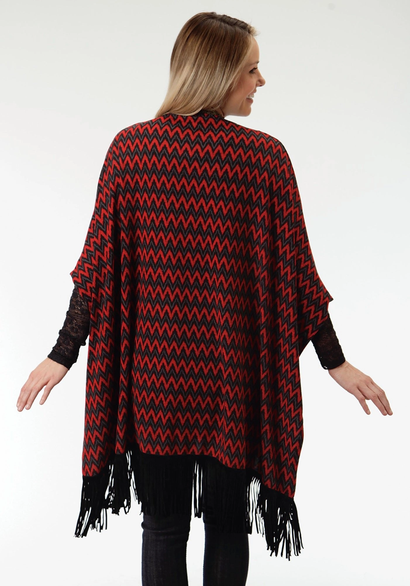 Effortless Layer Roper Black Chevron Ladies Red Polyester Poncho Sweater