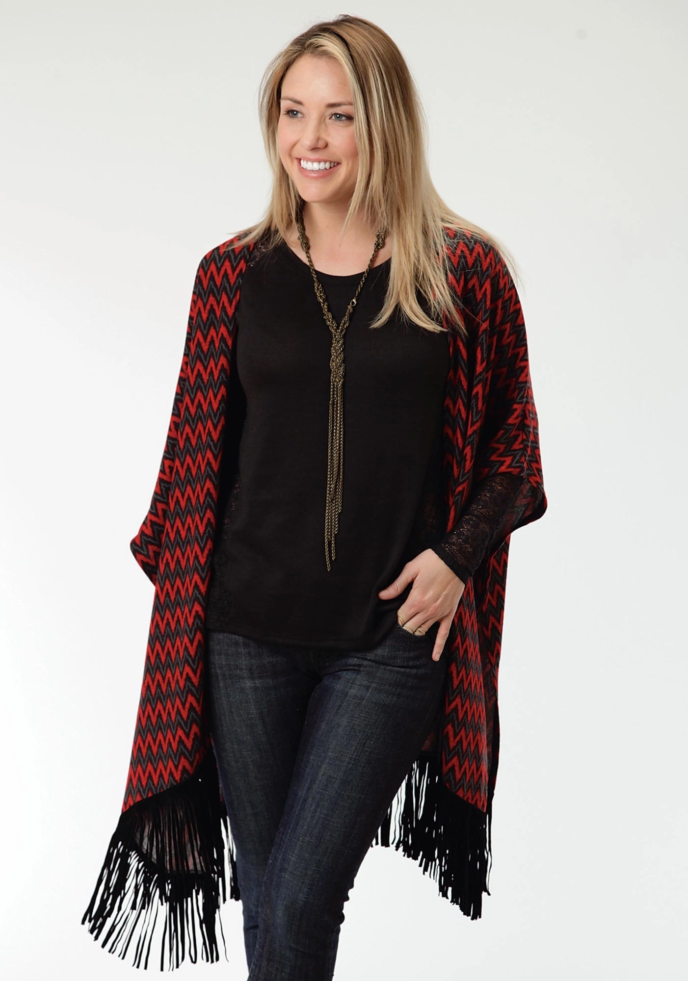 Warm Look Roper Black Chevron Ladies Red Polyester Poncho Sweater