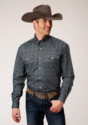 Waffle Weave Picnic Outfit Roper Mens 1378 Redwood Medallion Grey 100% Cotton Btn L/S Shirt