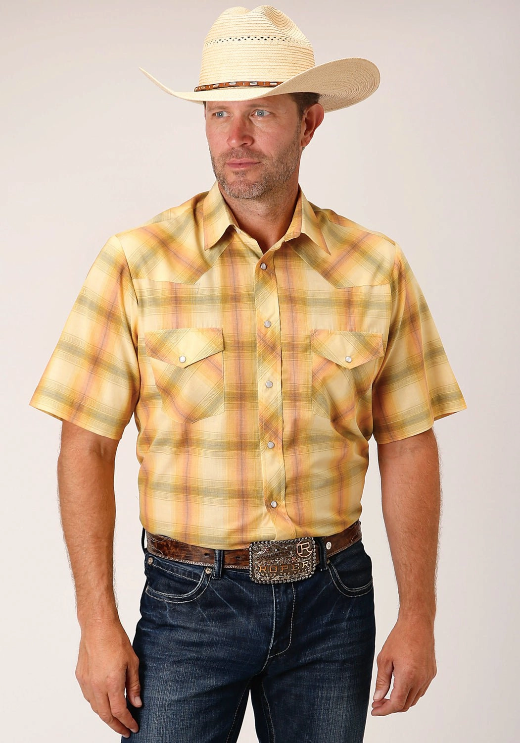 Unstructured Shoulder Roper Mens 1511 Plaid Yellow/Tangerine Cotton Blend Tall S/S Shirt
