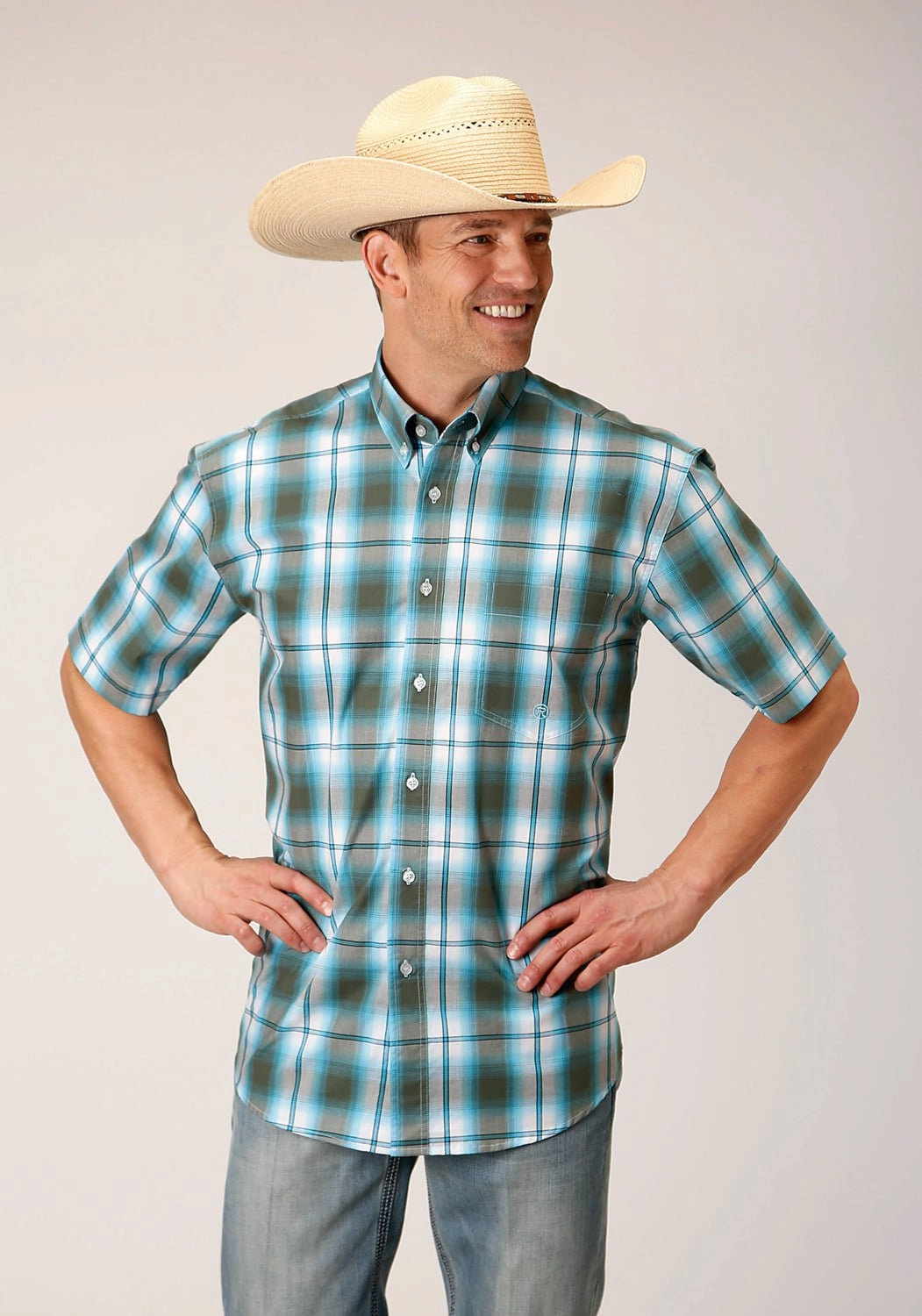 Athletic Cut Printed design Roper Mens 1555 Meadow Plaid Green 100% Cotton 1 Pkt S/S Shirt