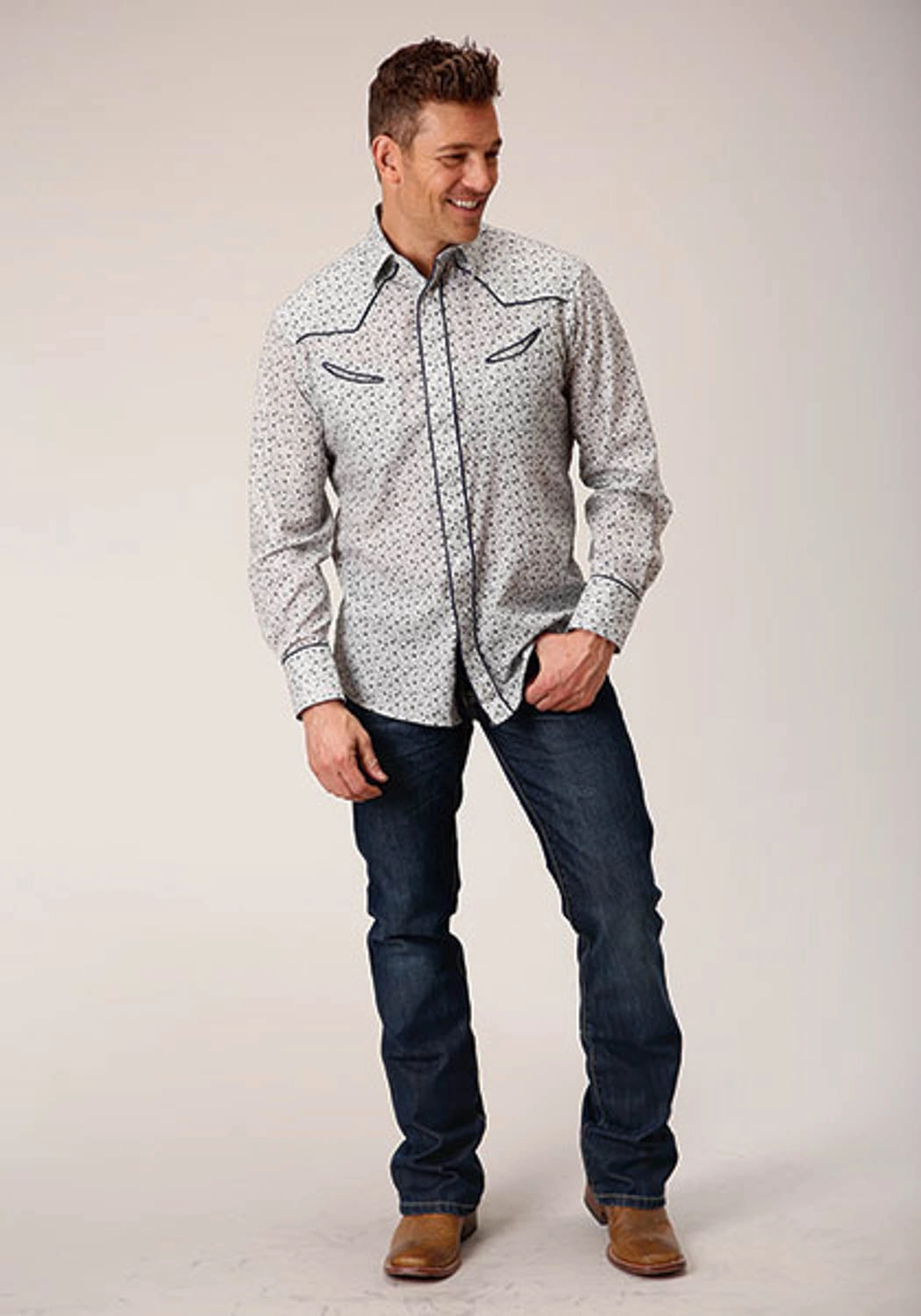Non Irritating Tags Sophisticated Style Roper Mens 1626 Retro Mini Floral Blue Cotton Blend L/S Shirt