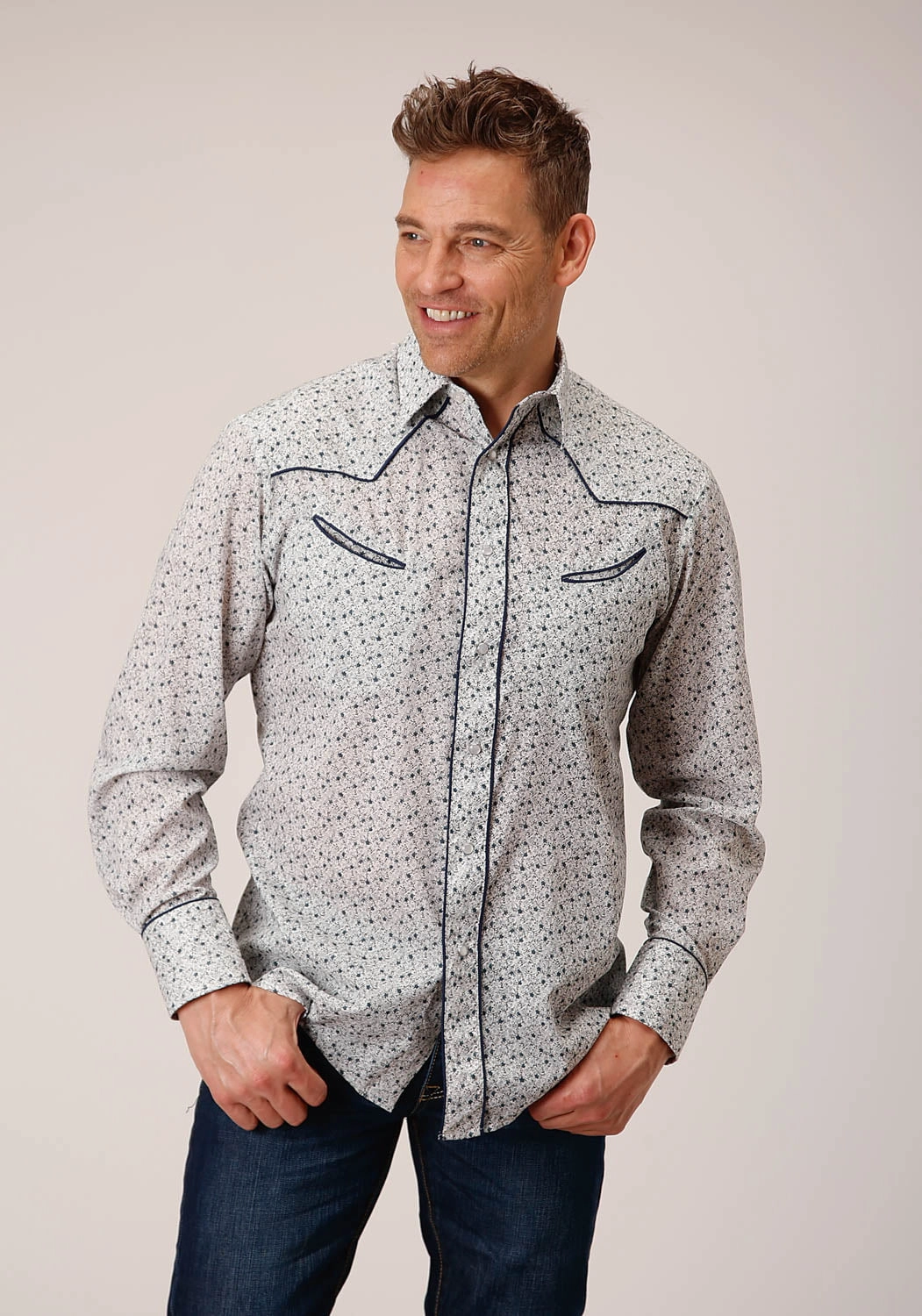 Minimalist Closure Non Static Finish Roper Mens 1626 Retro Mini Floral Blue Cotton Blend L/S Shirt