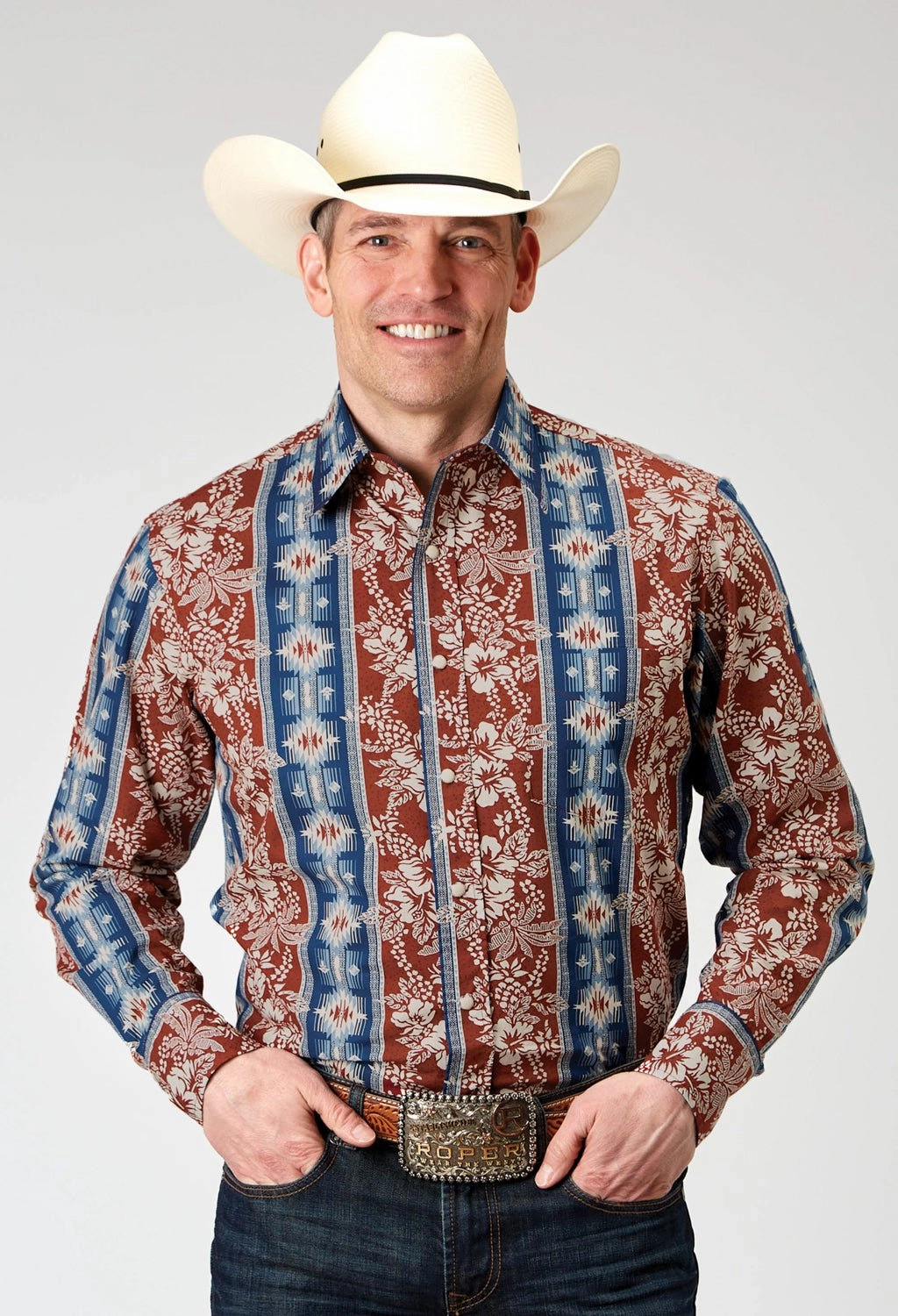 Roper Mens 1893 Vertical Tropical Aztec Red 100% Cotton L/S Shirt youth trend