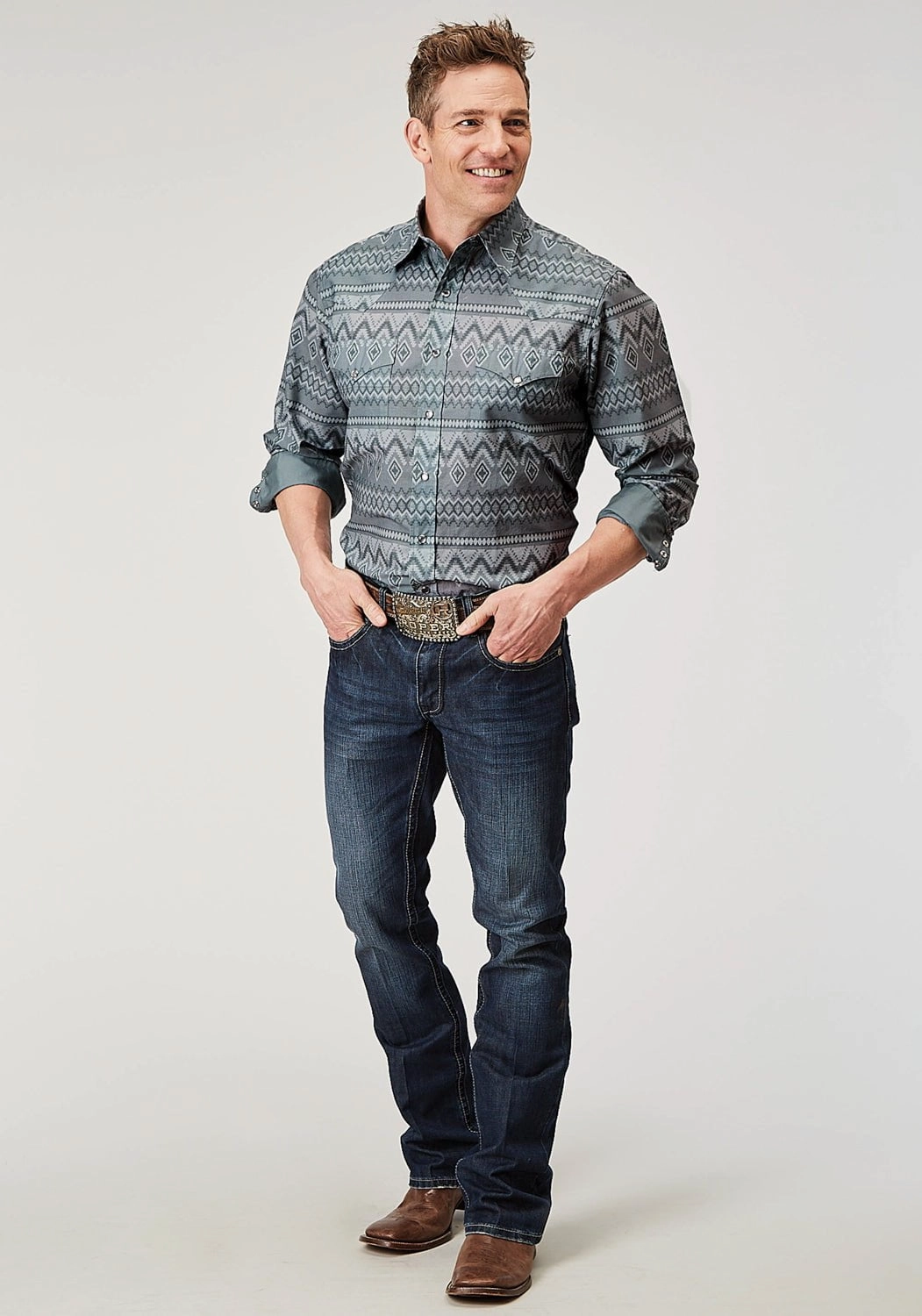 Roper Mens 1895 River Aztec Grey 100% Cotton L/S Shirt Coastal Vibes