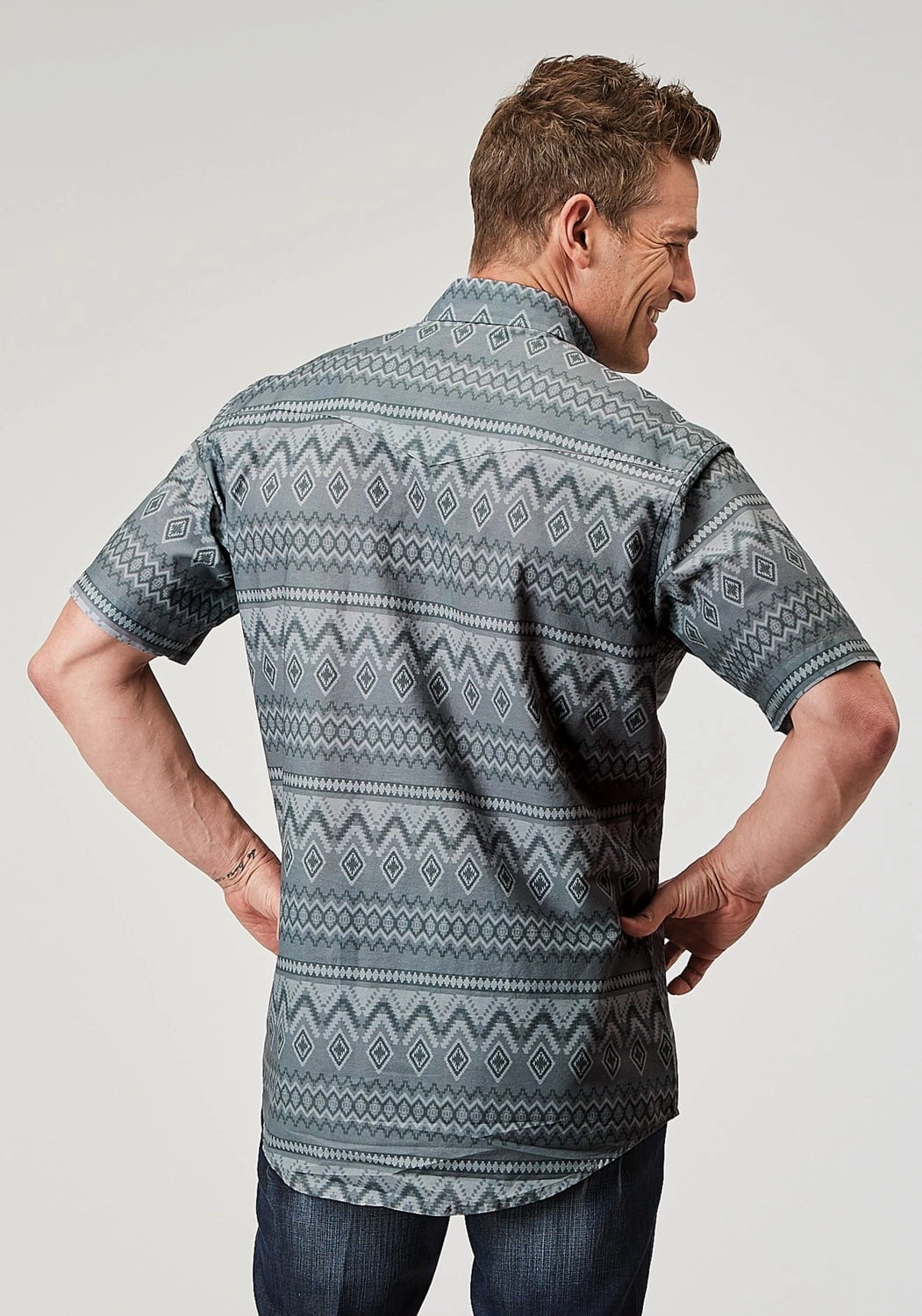 Roper Mens 1895 River Aztec Grey 100% Cotton S/S Shirt Fitted Shape