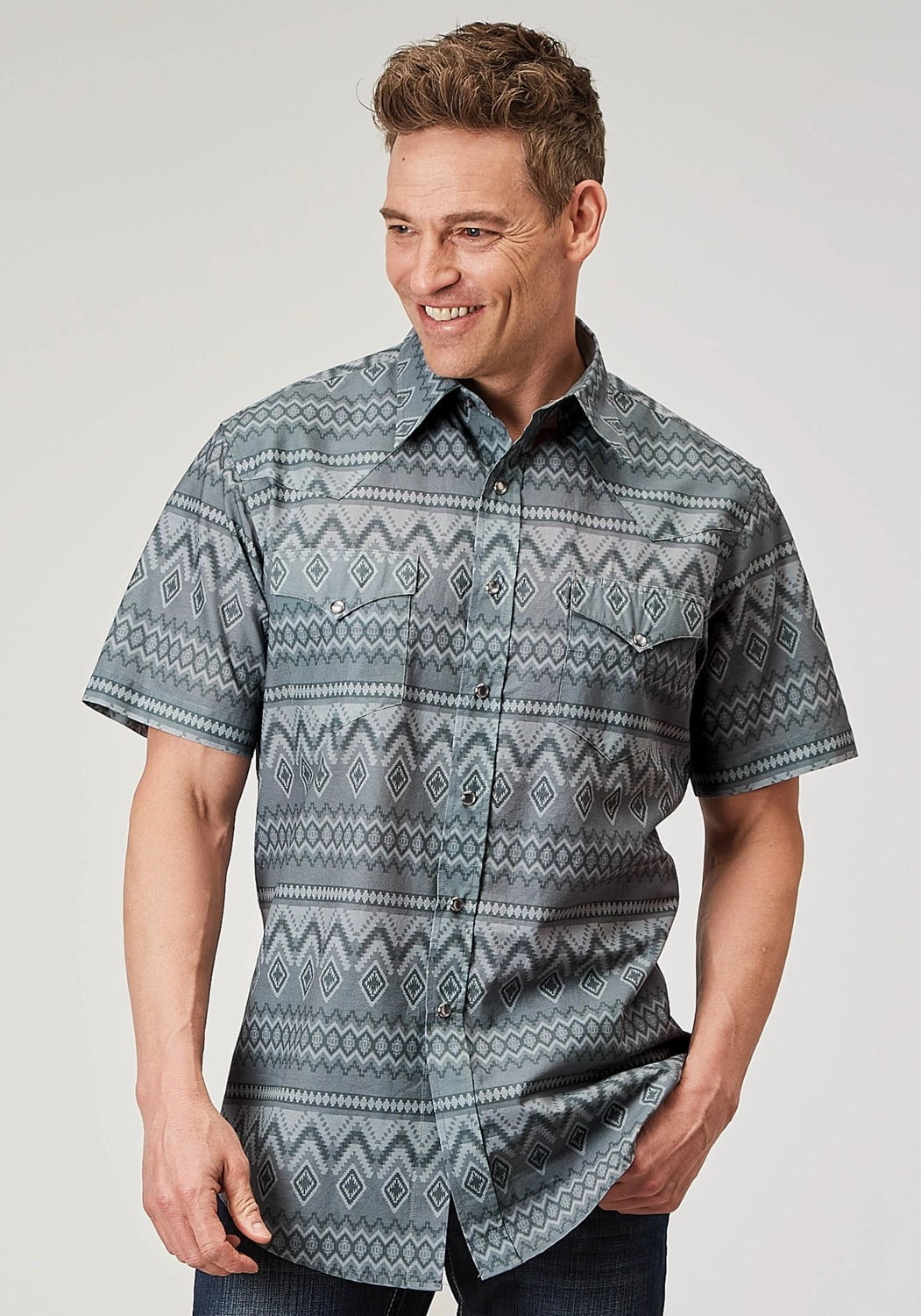 Geometric Shape Networking Session Roper Mens 1895 River Aztec Grey 100% Cotton S/S Shirt