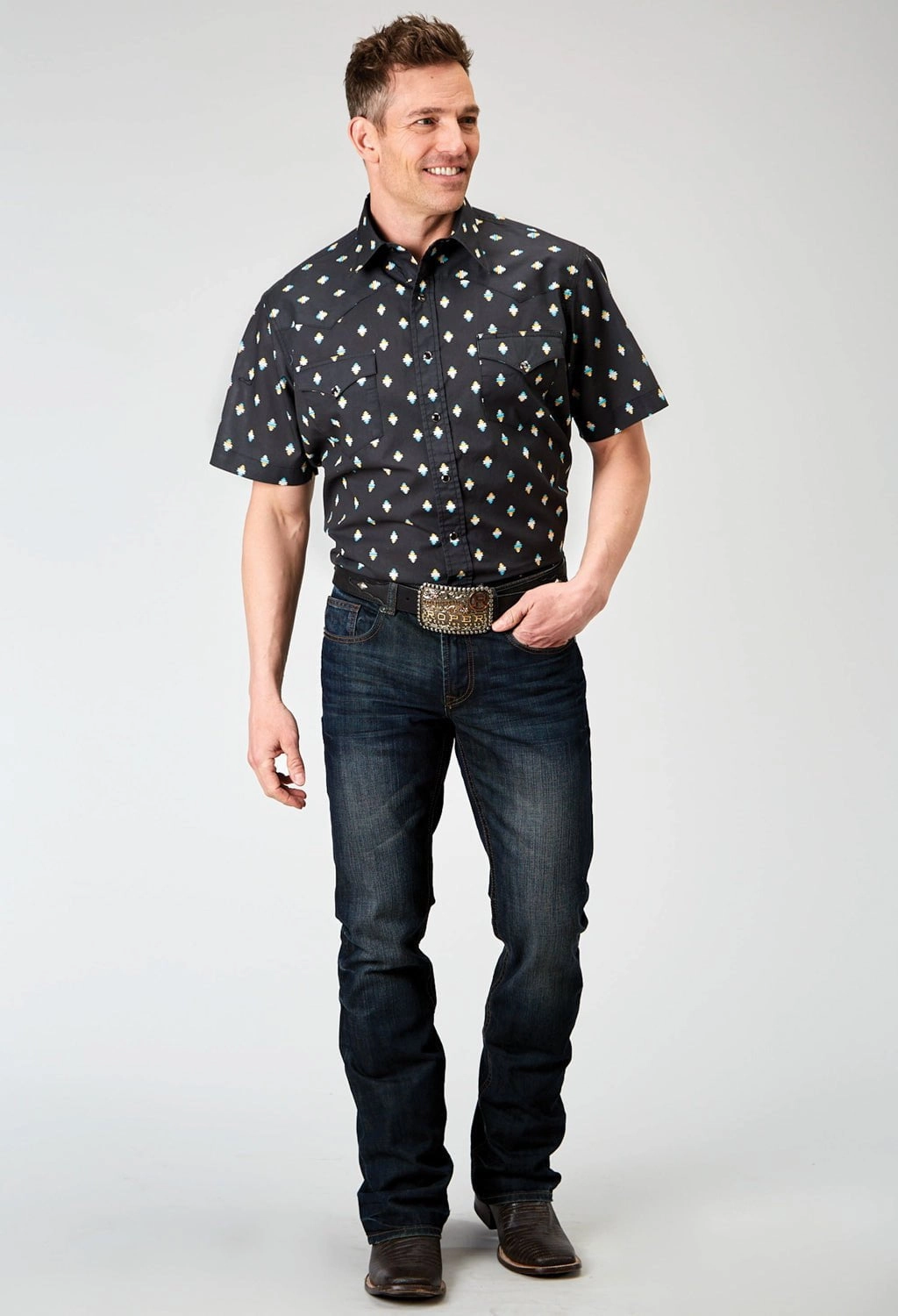 Roper Mens 1897 Ombre Aztec Black 100% Cotton S/S Shirt Printed Pattern Odor Control Technology