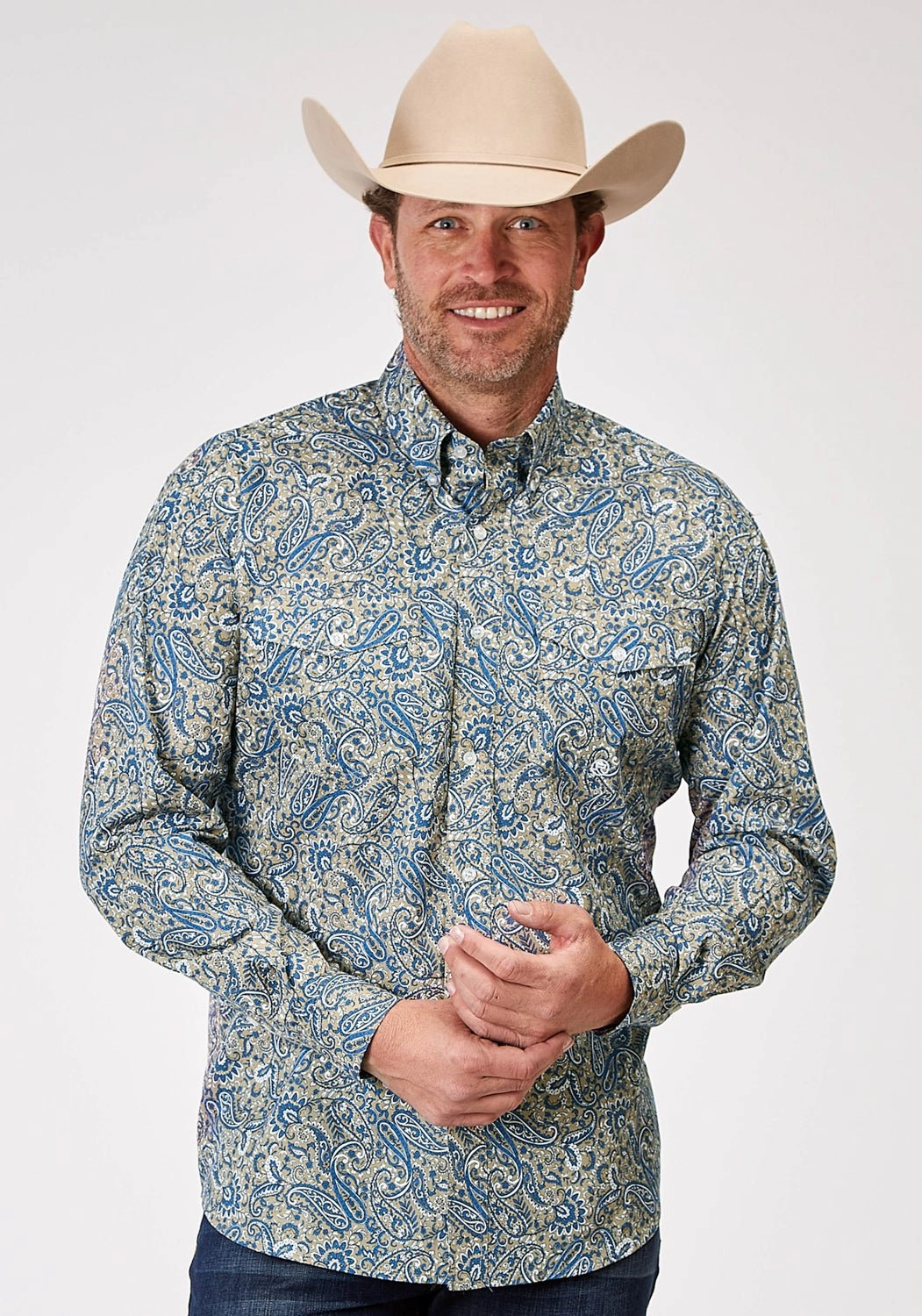 Loose style Roper Mens 1933 Delft Paisley Blue 100% Cotton Btn L/S Shirt