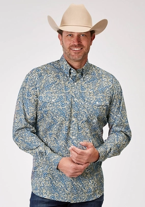 Loose style Roper Mens 1933 Delft Paisley Blue 100% Cotton Btn L/S Shirt