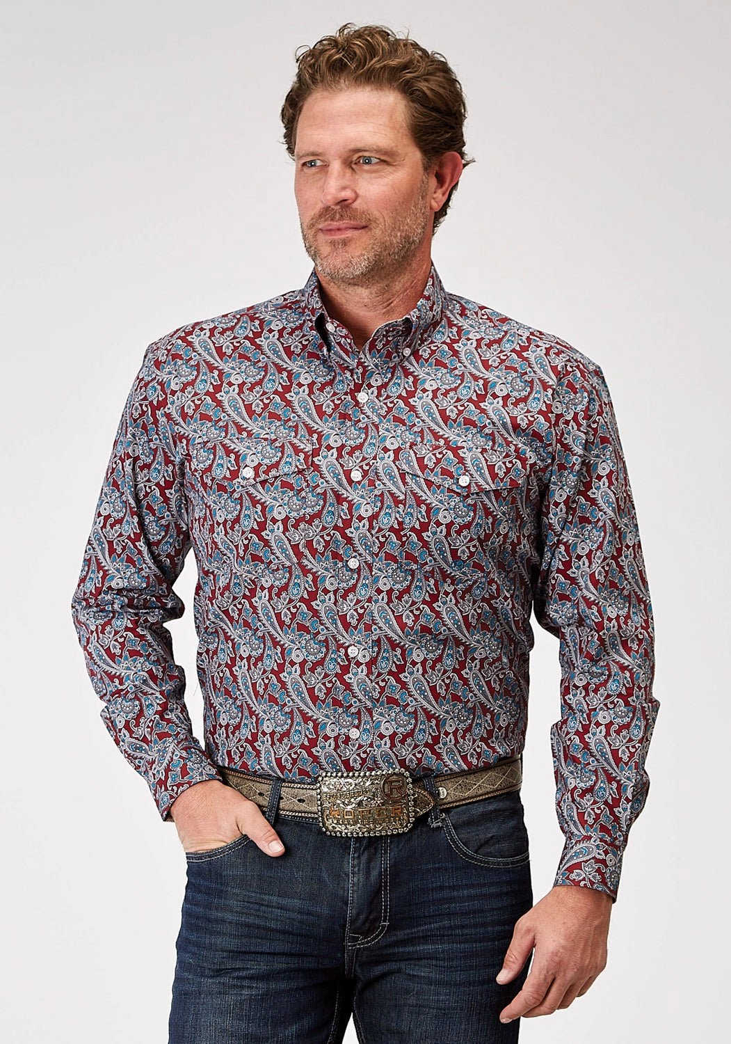 Smooth Cotton Blend Tagless label Roper Mens 1935 River Paisley Red 100% Cotton Btn L/S Shirt