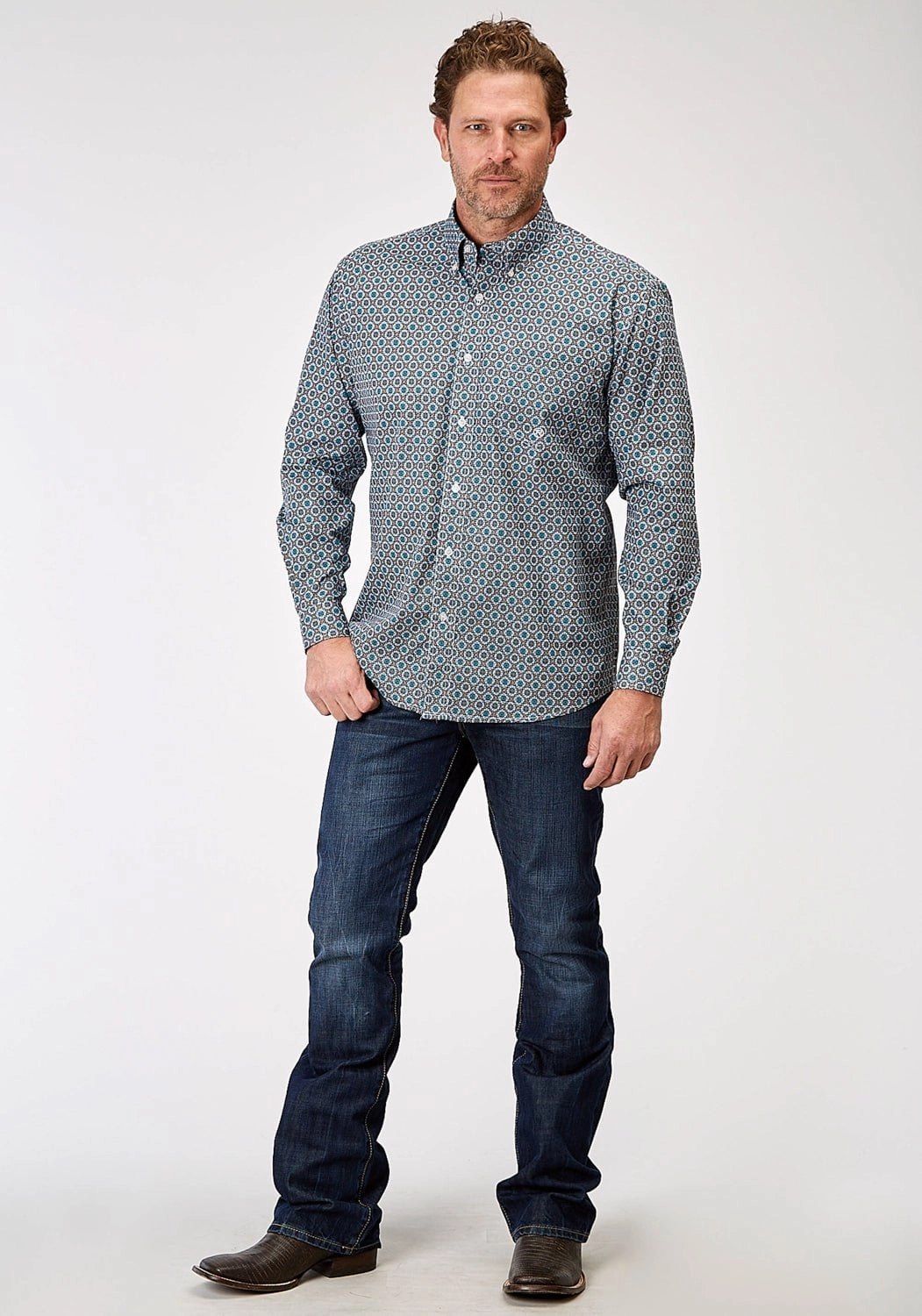 Flexible Placket Structure Versatile Style Roper Mens 1936 Frontier Foulard Multi-Color 100% Cotton 1 Pkt L/S Shirt