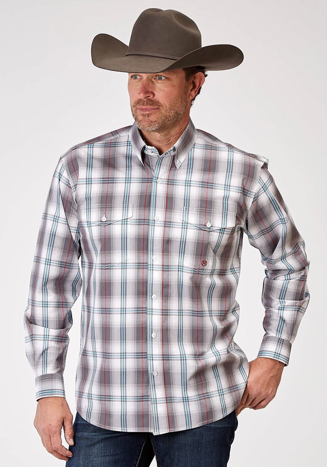 Roper Mens 1941 Cloud Plaid Grey 100% Cotton Btn L/S Shirt UV Protective Fabric Anti Cling Fabric