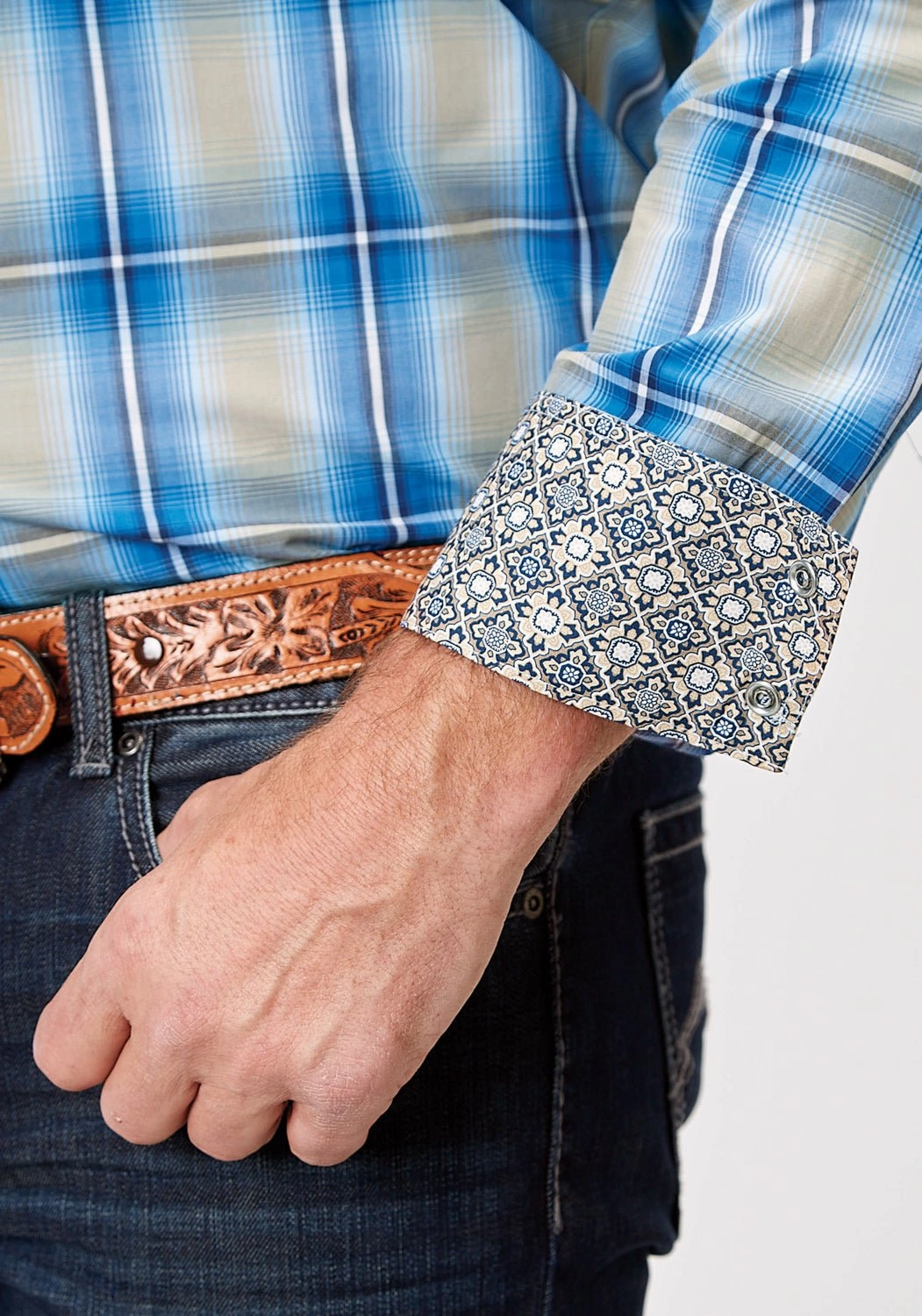 Polo Style Roper Mens 1942 Chicory Ombre Blue 100% Cotton L/S Shirt