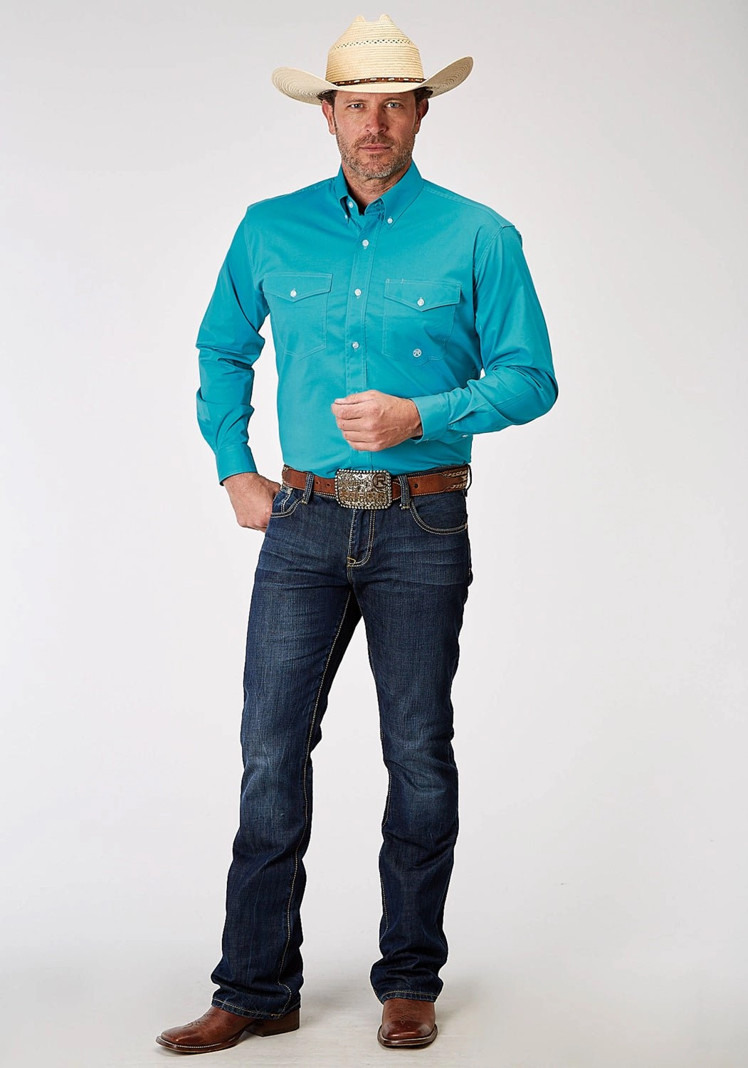 Seamless Shoulder Roper Mens 1943 Solid Poplin Turquoise Cotton Blend Btn L/S Shirt