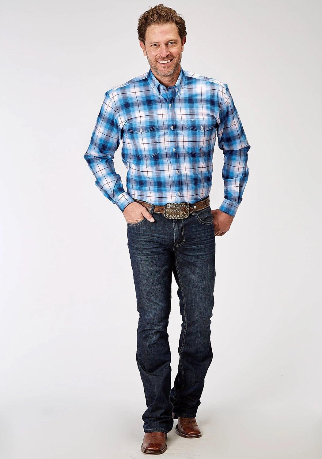 Roper Mens 1945 Poplin Plaid Blue Cotton Blend Btn L/S Shirt garden party