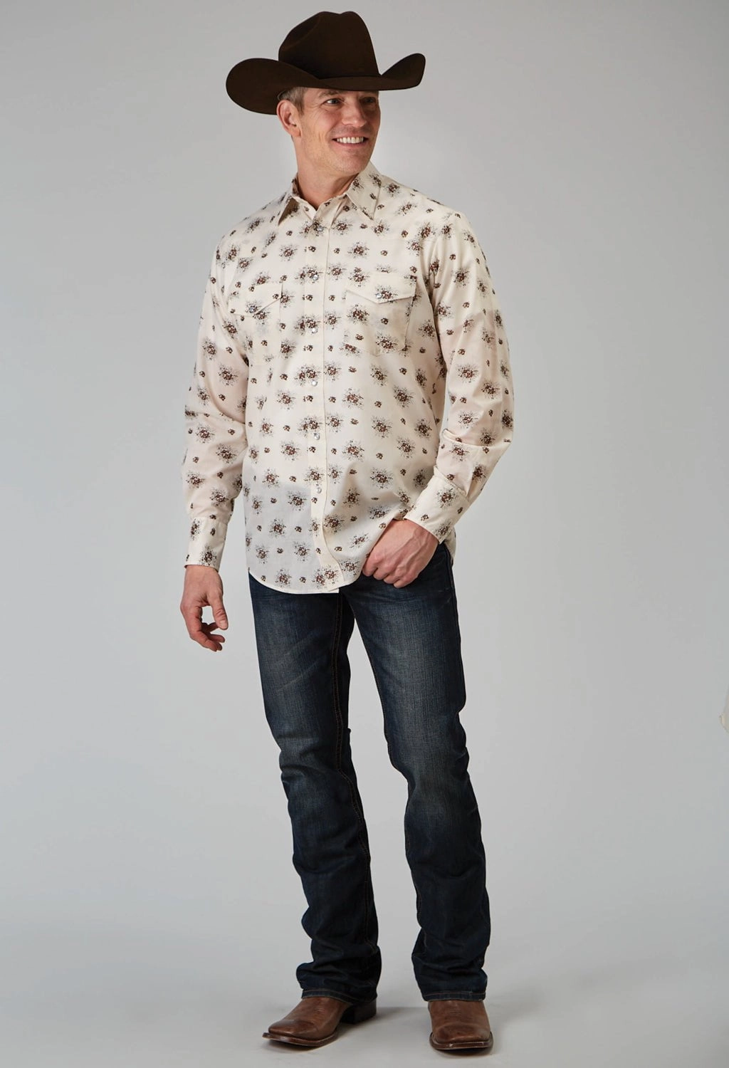 Roper Mens 1964 Vintage Floral White Cotton Blend L/S Shirt Breathable mesh gender-neutral