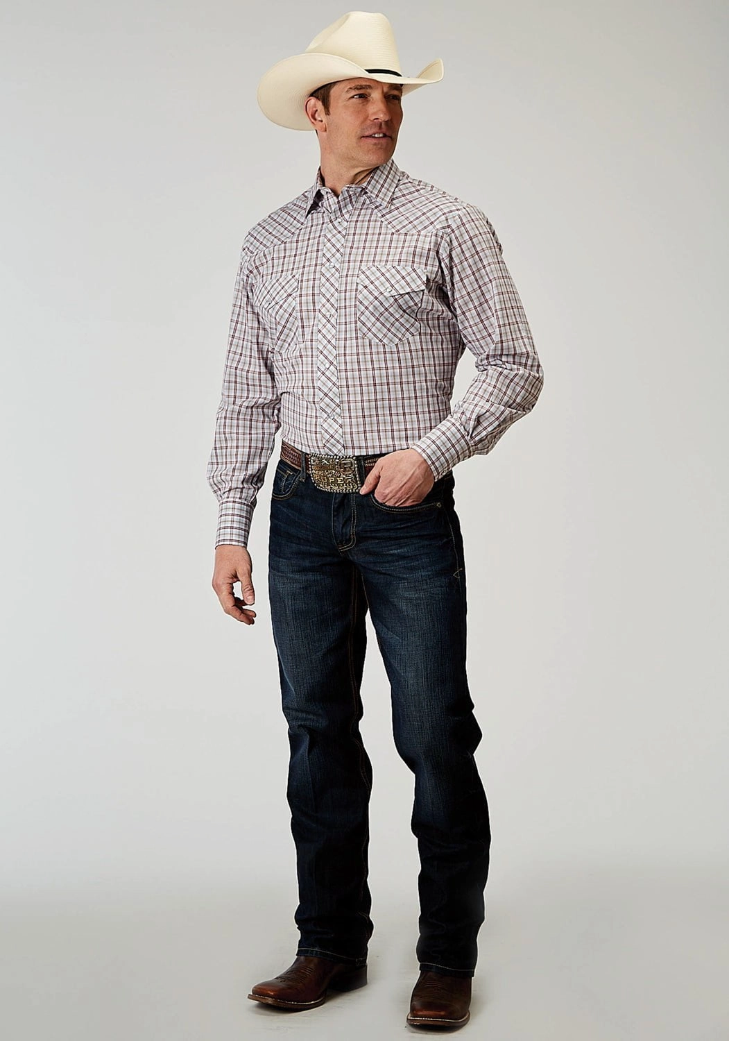 Roper Mens 1969 Vintage Plaid Cream Cotton Blend L/S Shirt Lightweight Comfort