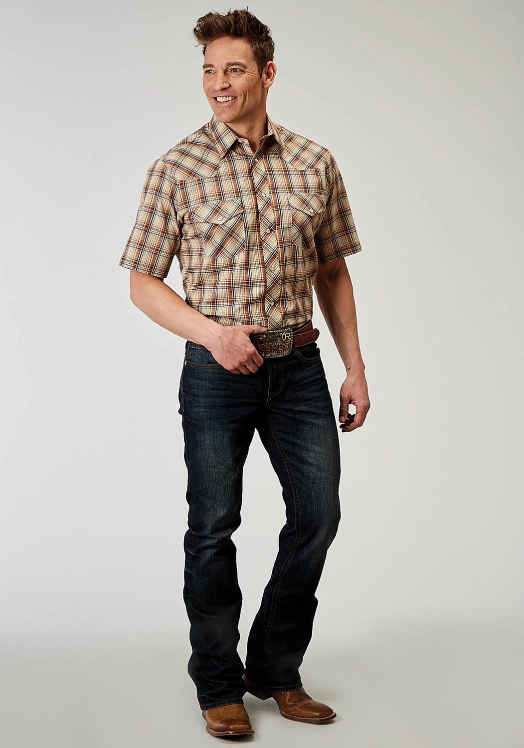 Timeless Classic Year-Round Favorite Roper Mens 1970 Brown Plaid Brown Cotton Blend S/S Shirt