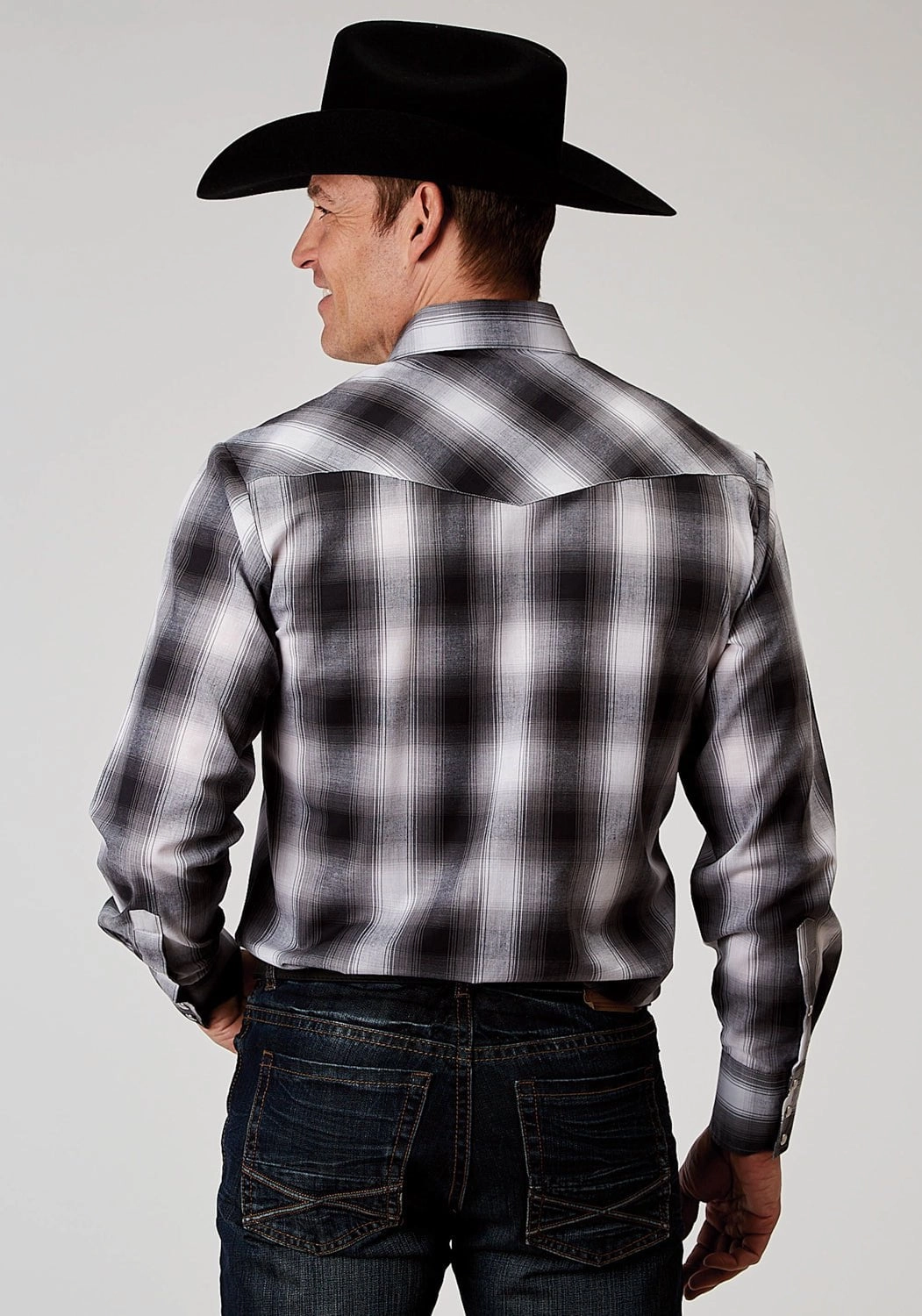 Eco Dye Technique Versatile Piece Roper Mens 1972 Plaid Black Cotton Blend L/S Shirt