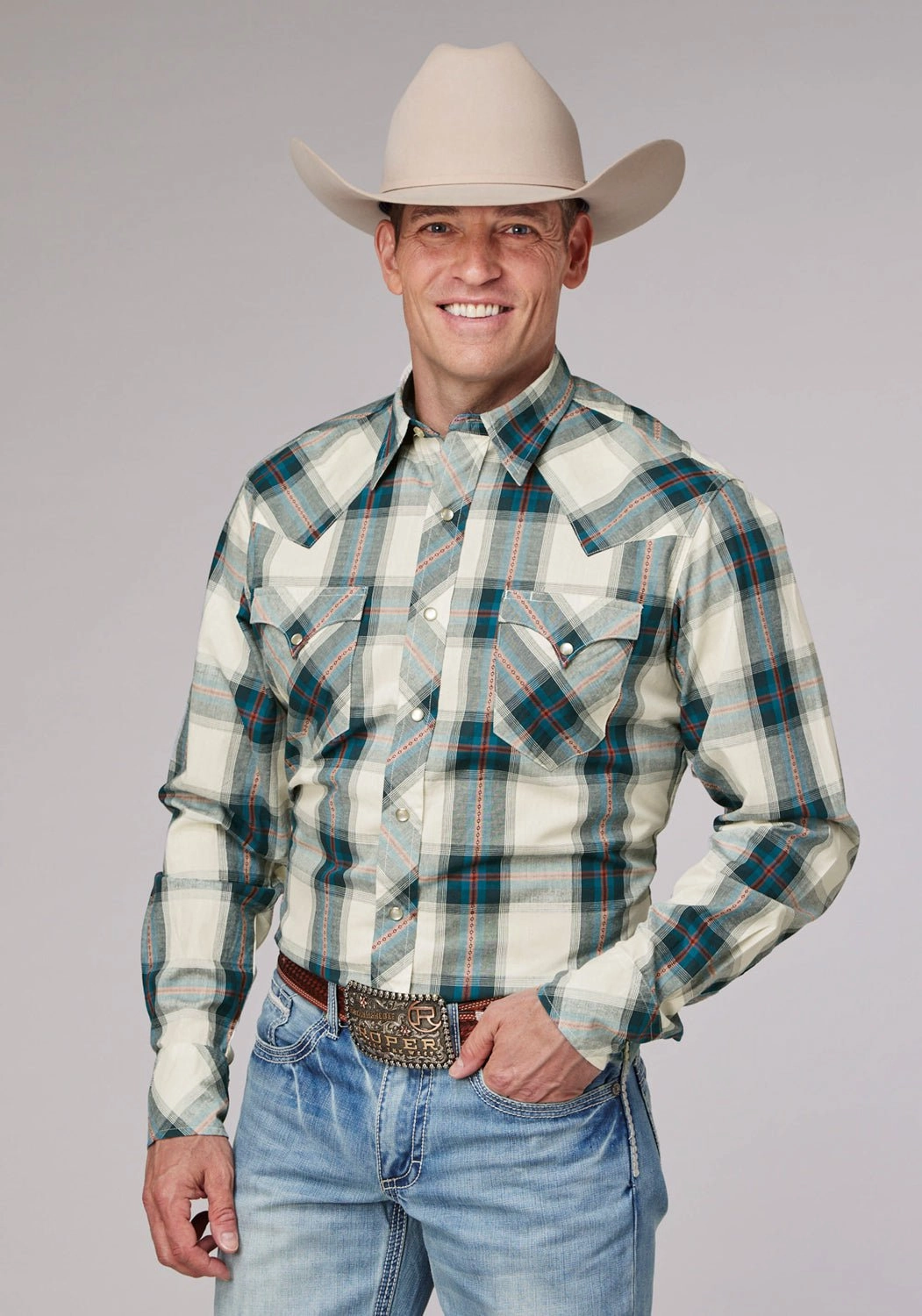 Roper Mens 2006 Tile Plaid Multi-Color 100% Cotton L/S Shirt Weekend Outing