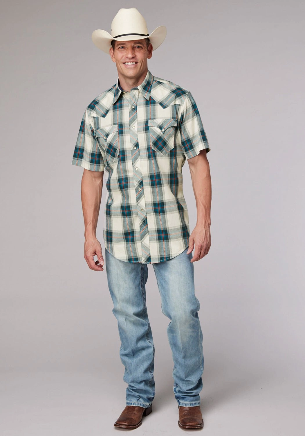 Relaxed Style Anti Pilling Surface Roper Mens 2006 Tile Plaid Multi-Color 100% Cotton S/S Shirt