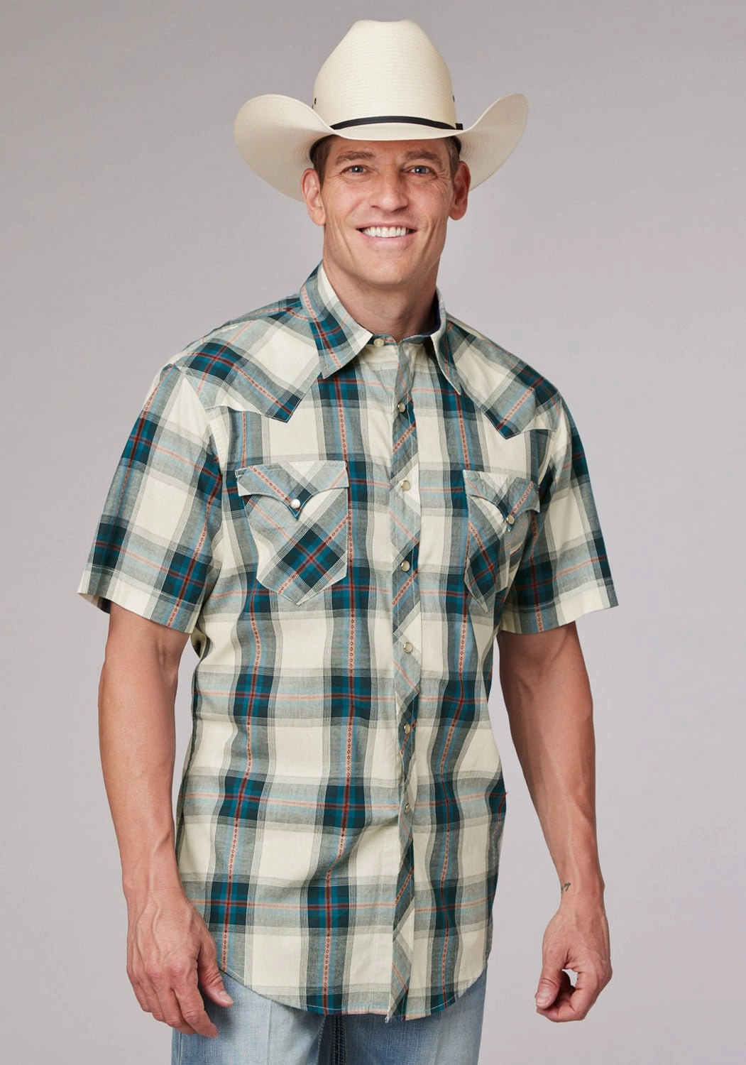 Neutral Shade Roper Mens 2006 Tile Plaid Multi-Color 100% Cotton S/S Shirt