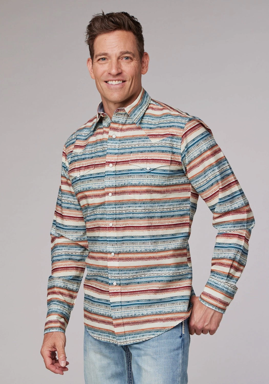 Roper Mens 2007 Distressed Aztec Cream 100% Cotton L/S Shirt Edgy Design