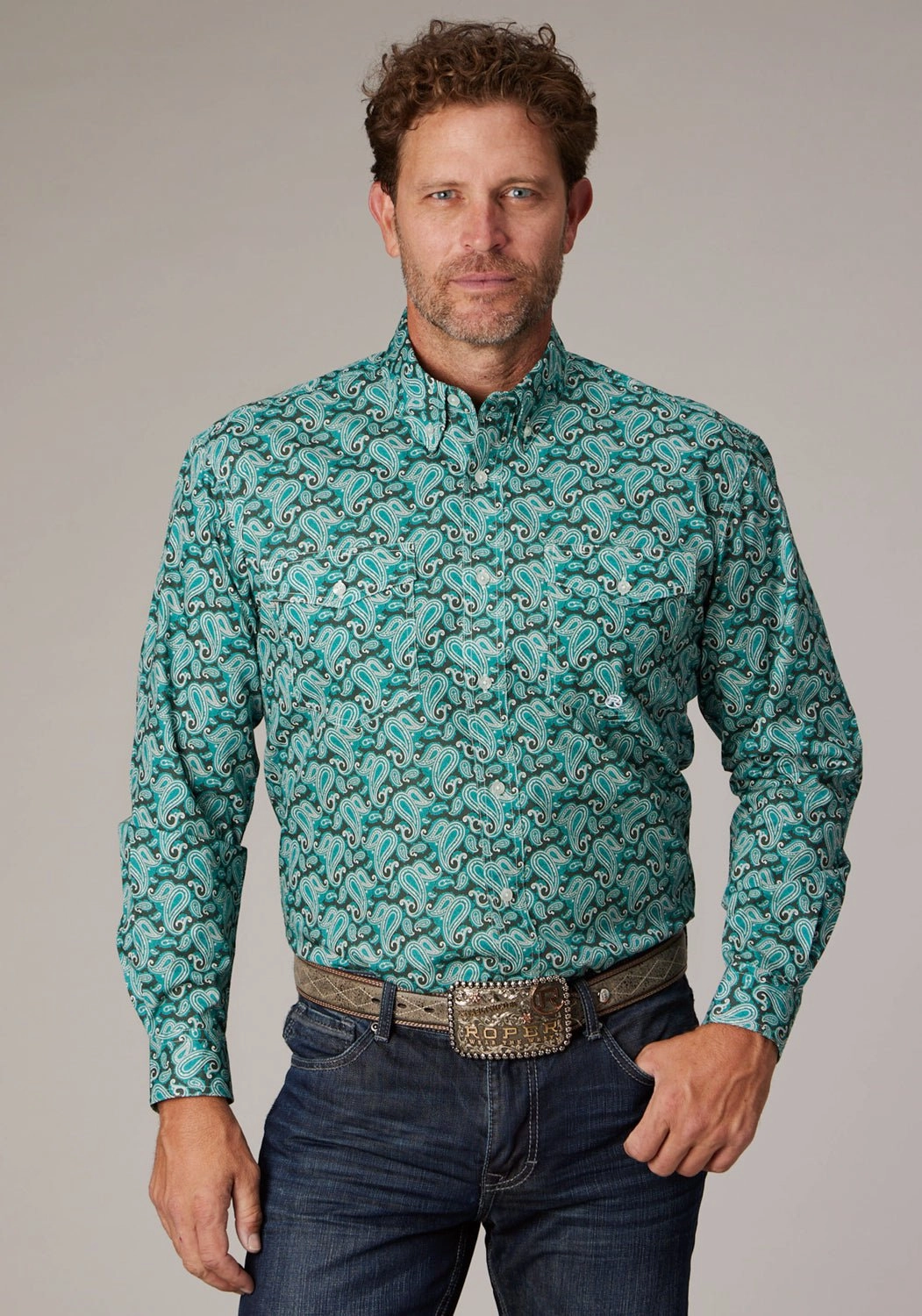 Roper Mens 2018 Jade Paisley Green 100% Cotton Btn L/S Shirt Weekend Outing