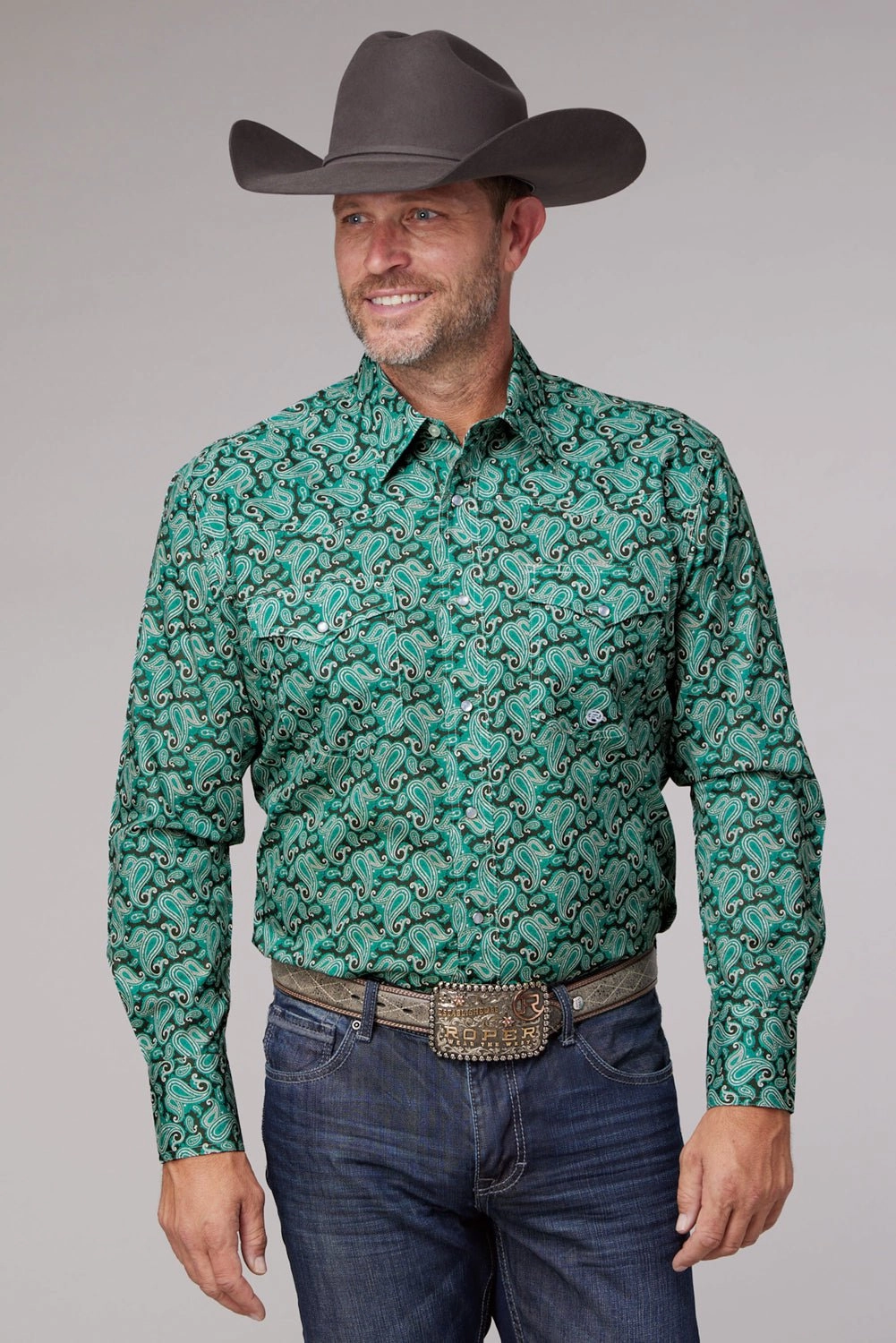 Smooth Texture Roper Mens 2018 Jade Paisley Green 100% Cotton L/S Shirt