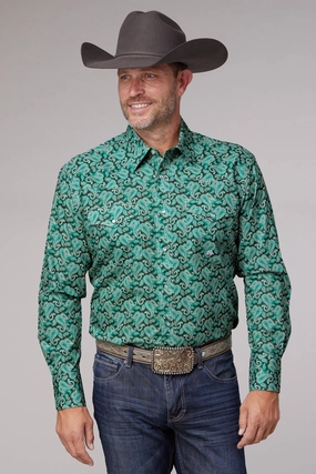 Geometric Design Comfort First Fit Roper Mens 2018 Jade Paisley Green 100% Cotton L/S Shirt