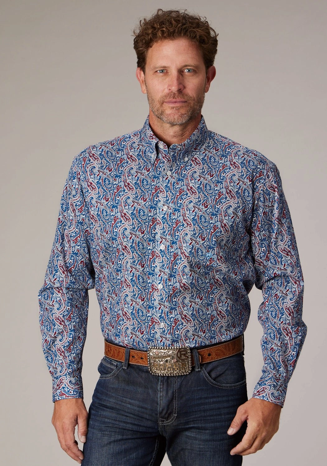 Roper Mens 2024 River Paisley Blue 100% Cotton 1 Pkt L/S Shirt Budget Friendly
