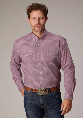 Smart Look Roper Mens 2025 Stretch Neat Red Cotton Blend L/S Shirt