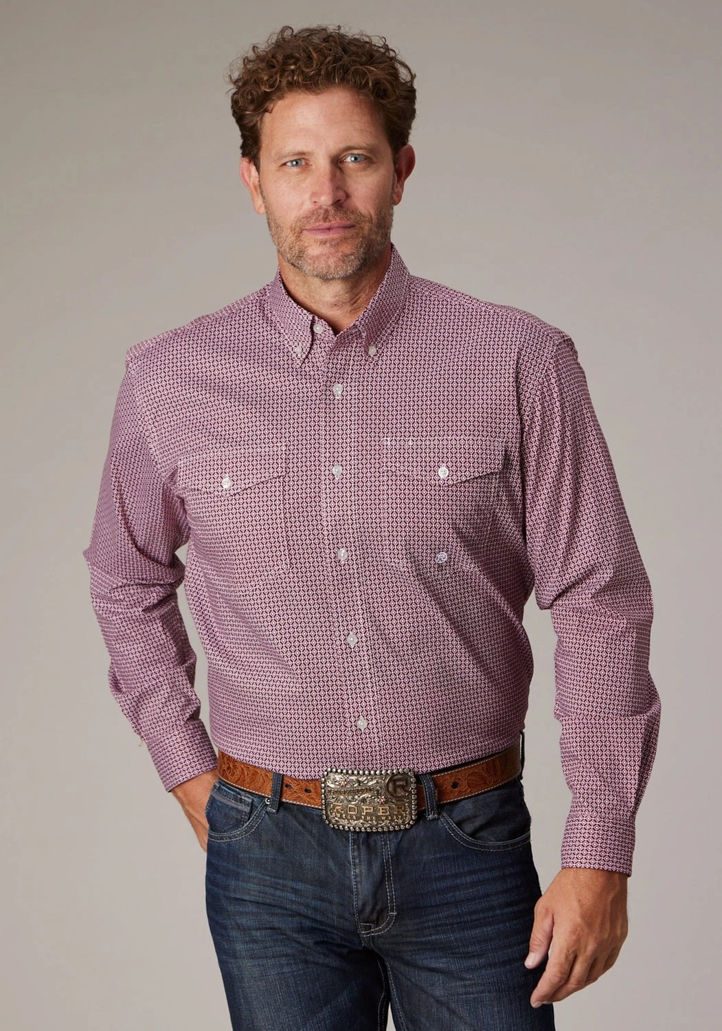 Smart Look Roper Mens 2025 Stretch Neat Red Cotton Blend L/S Shirt