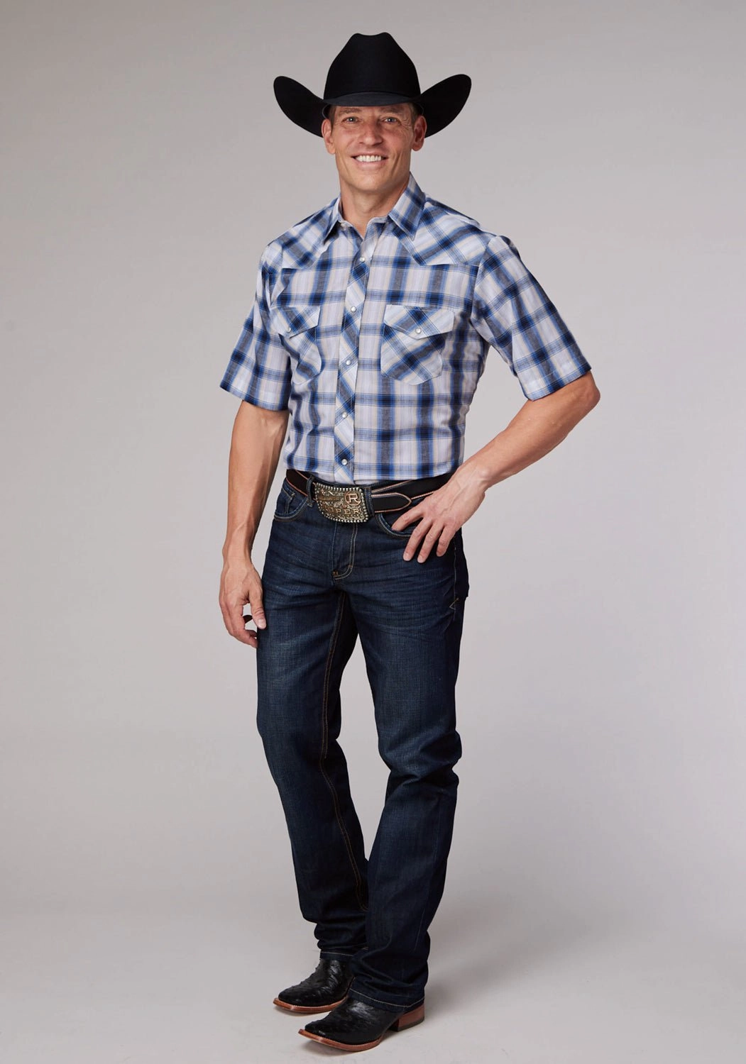 Roper Mens 2060 Plaid Navy/Cream Cotton Blend S/S Shirt Stretch Material Gradient effect